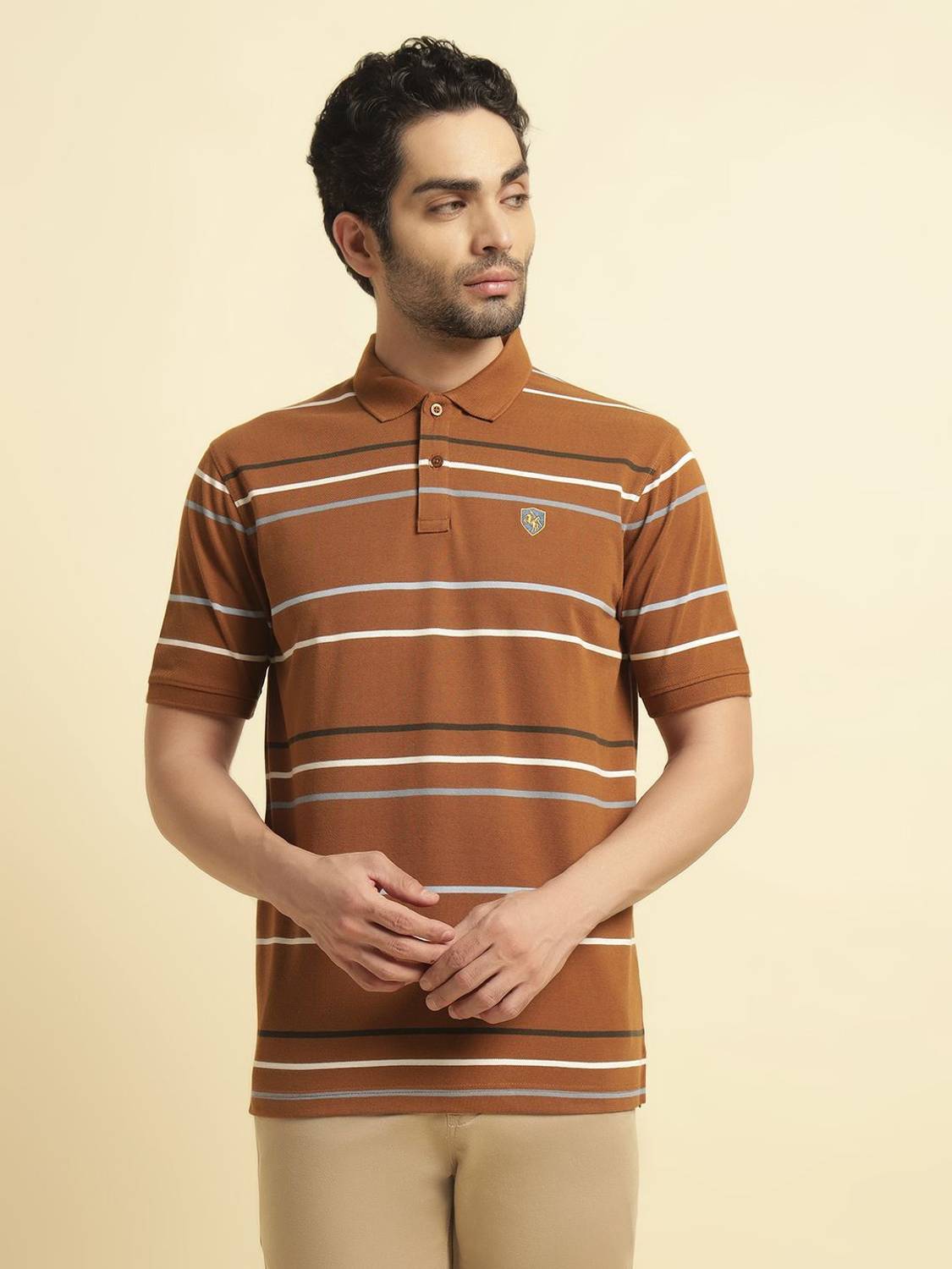 CANTABIL Striped Men Polo Neck Brown T-Shirt