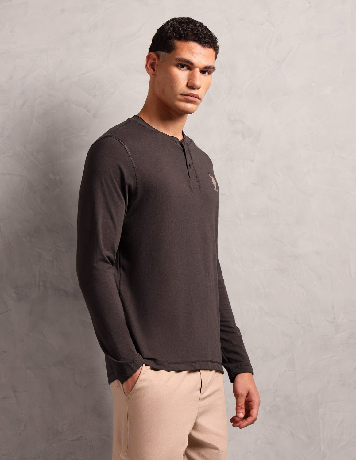 Image of U.S. POLO ASSN. Solid Men Henley Neck Brown T-Shirt
