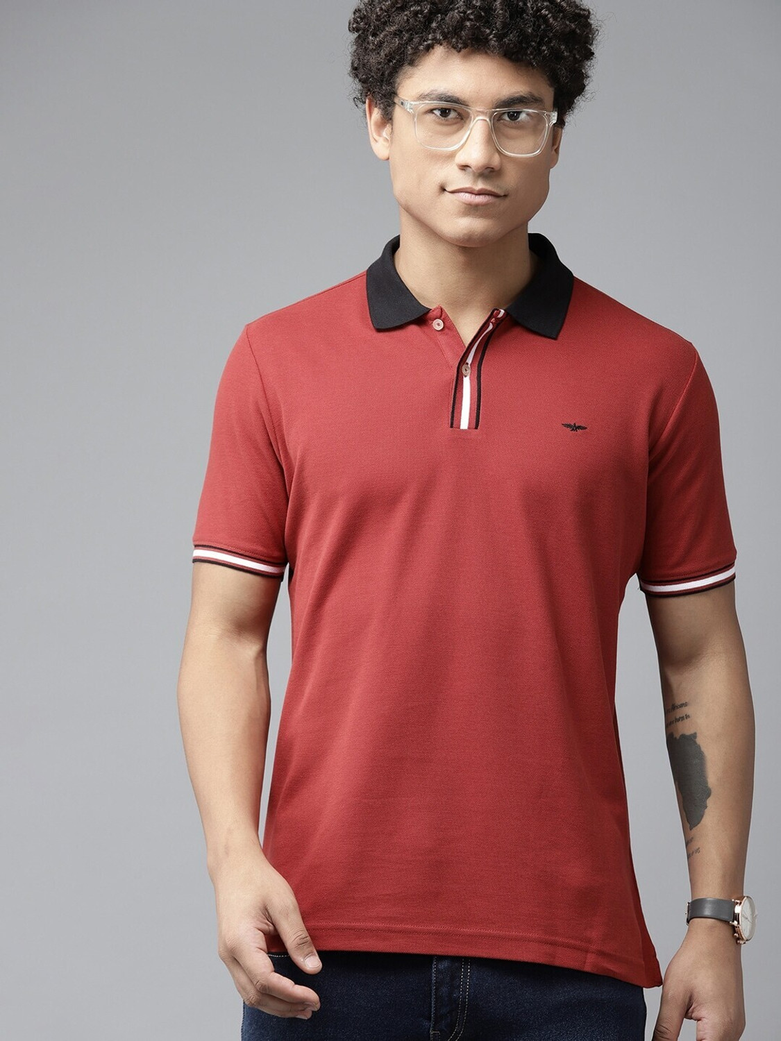 Image of PARK AVENUE Men Solid Polo Neck Cotton Blend Red T-Shirt