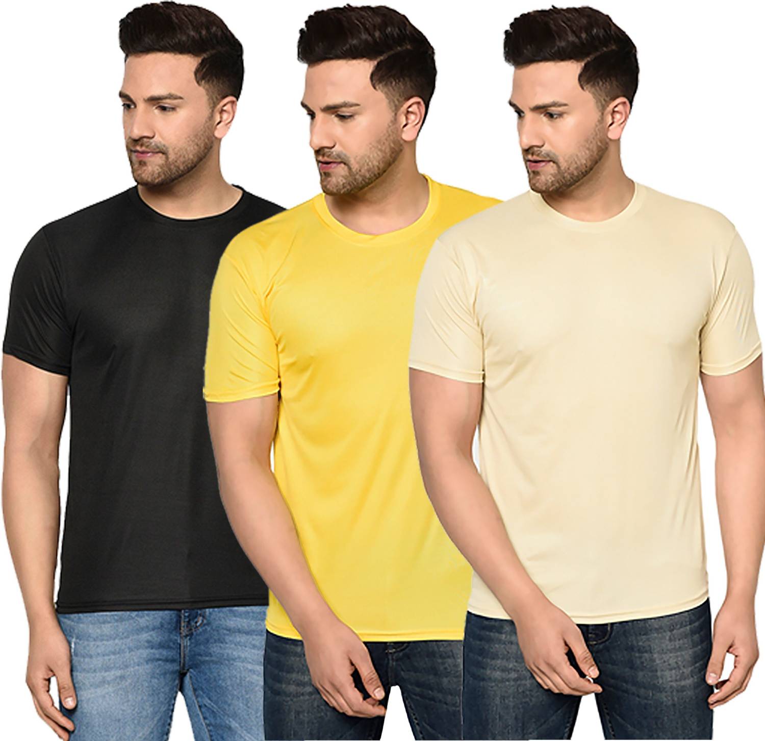 InkTees Pack of 3 Men Solid Regular Fit Plain T-Shirt Multicolor