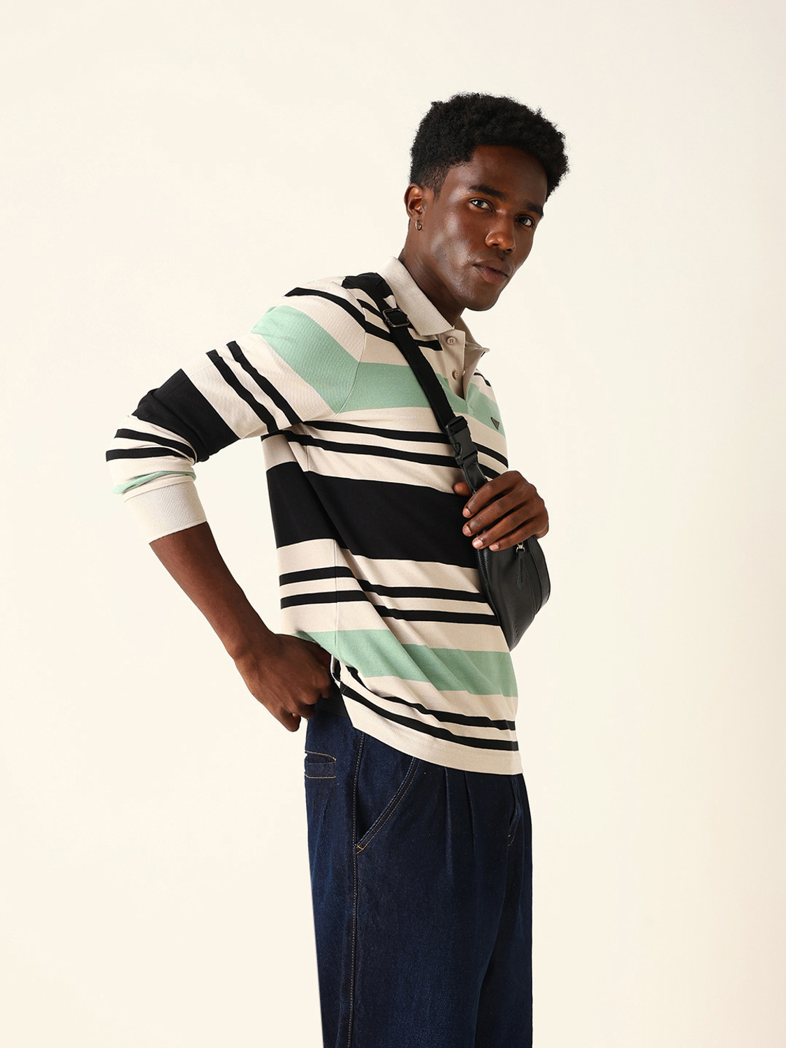 Image of THE BEAR HOUSE Striped Men Polo Neck Multicolor T-Shirt