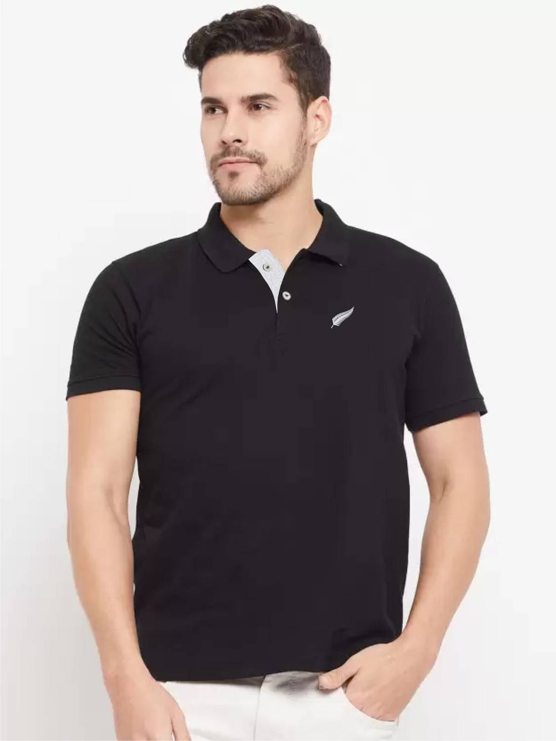 Polo Plus Men Solid Polo Neck Pure Cotton Black T-Shirt