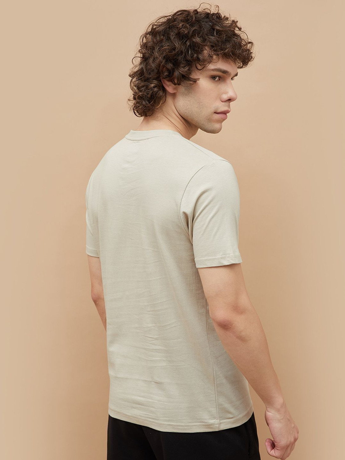 Image of Kappa Solid Men Round Neck Beige T-Shirt