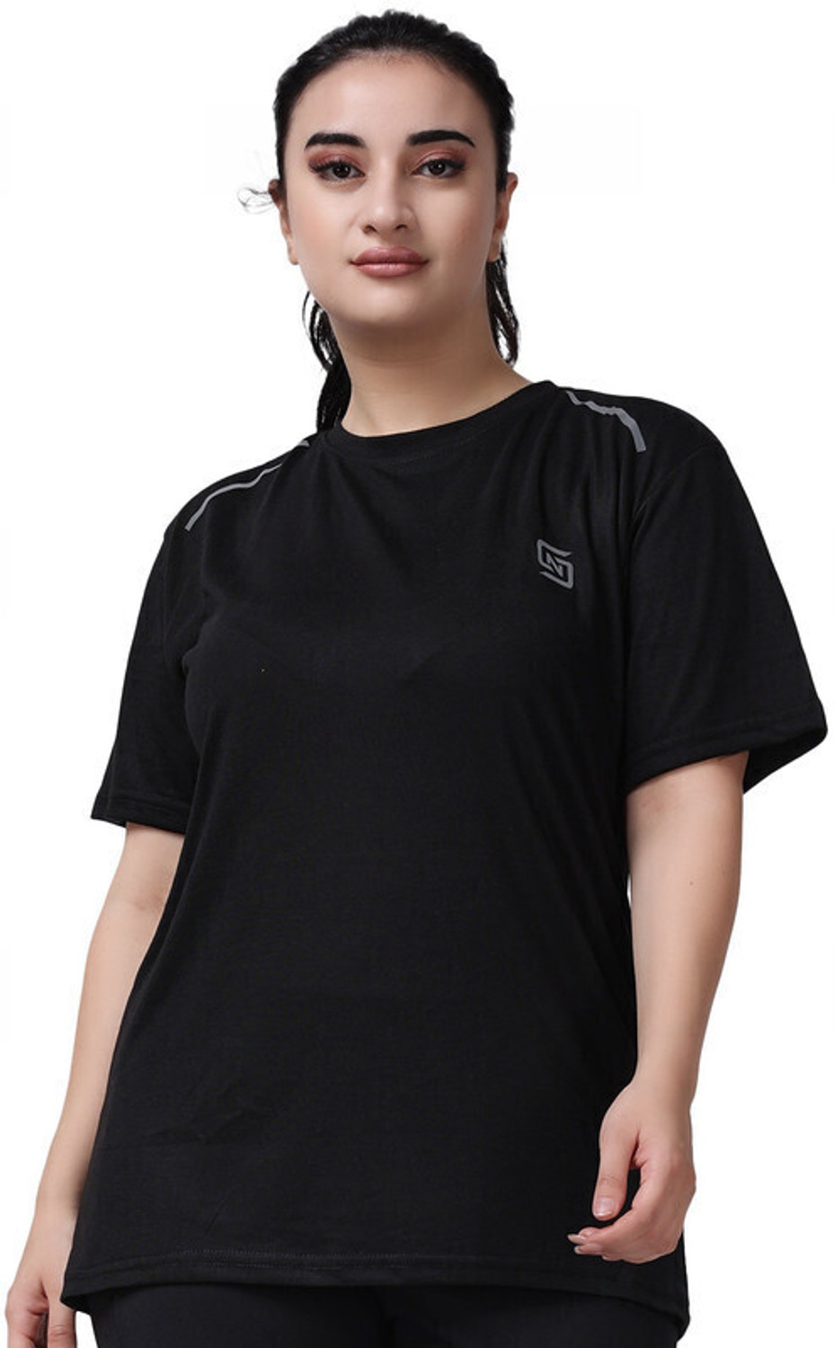 Image of ND Solid Women Round Neck Black T-Shirt