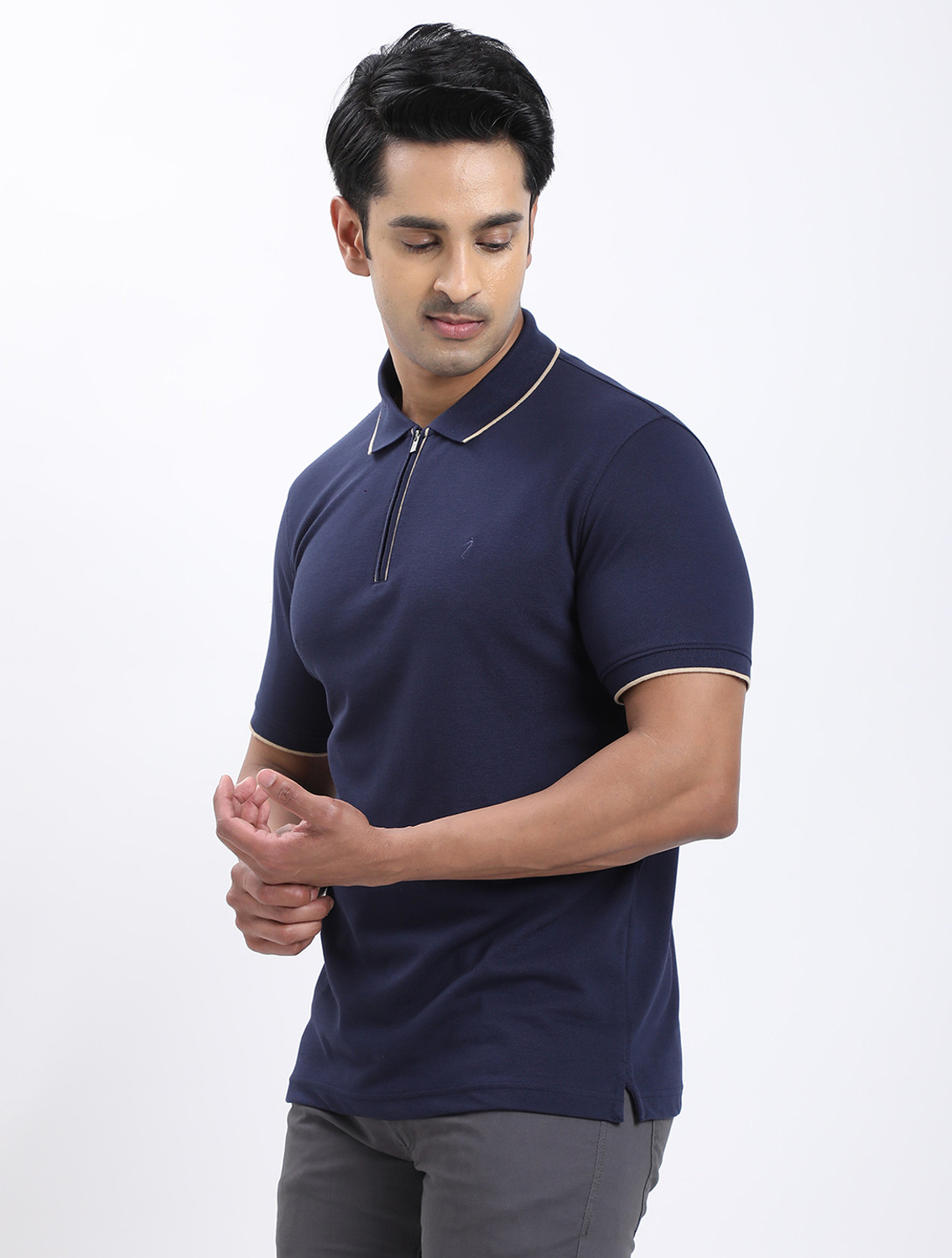 Image of INDIAN TERRAIN Solid Men Polo Neck Blue T-Shirt