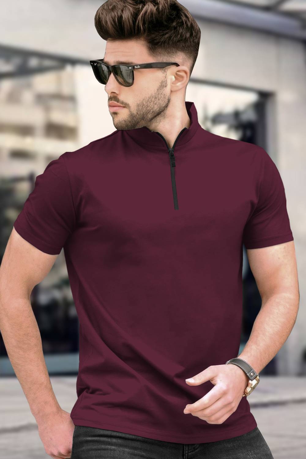 TRIPR Men Solid Mandarin Collar Cotton Blend Maroon T-Shirt