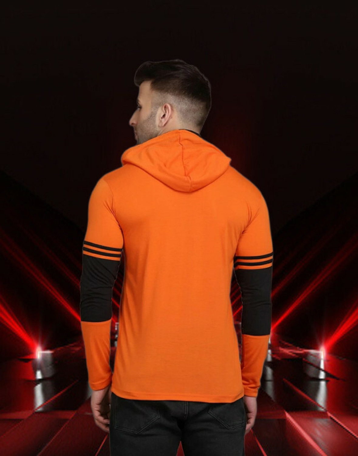 Image of Panda Bear Men Colorblock Hooded Neck Cotton Blend Orange T-Shirt