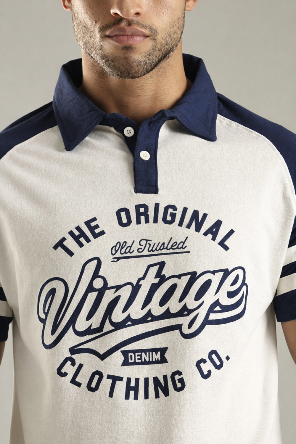Image of SHINX Printed Men Polo Neck White, Dark Blue T-Shirt