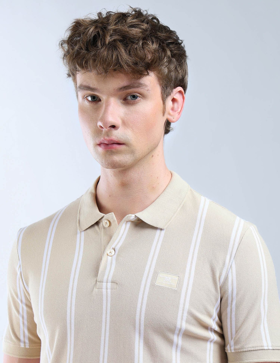 Image of FLYING MACHINE Striped Men Polo Neck Beige T-Shirt
