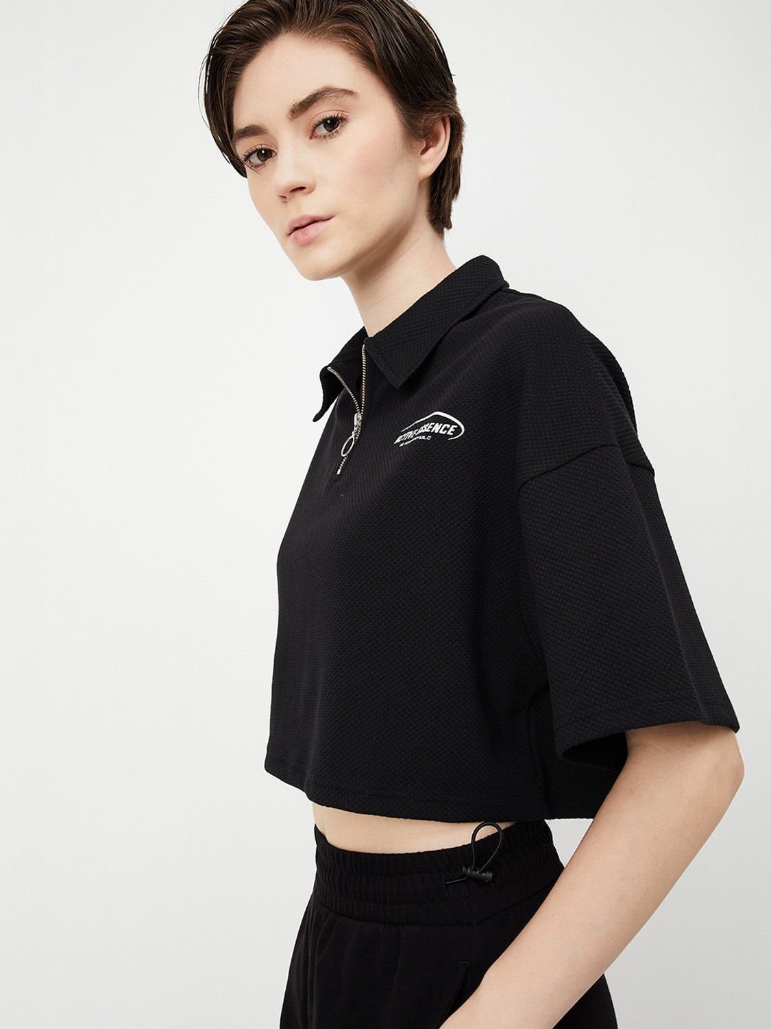 Image of MAX Printed Women Polo Neck Black T-Shirt