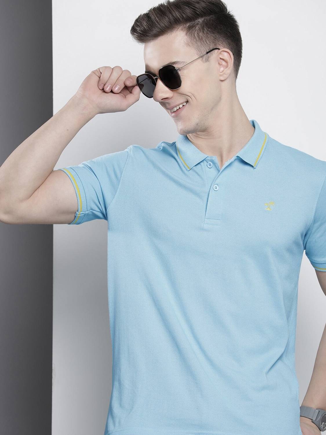 The Indian Garage Co. Men Solid Polo Neck Cotton Blend Blue T-Shi