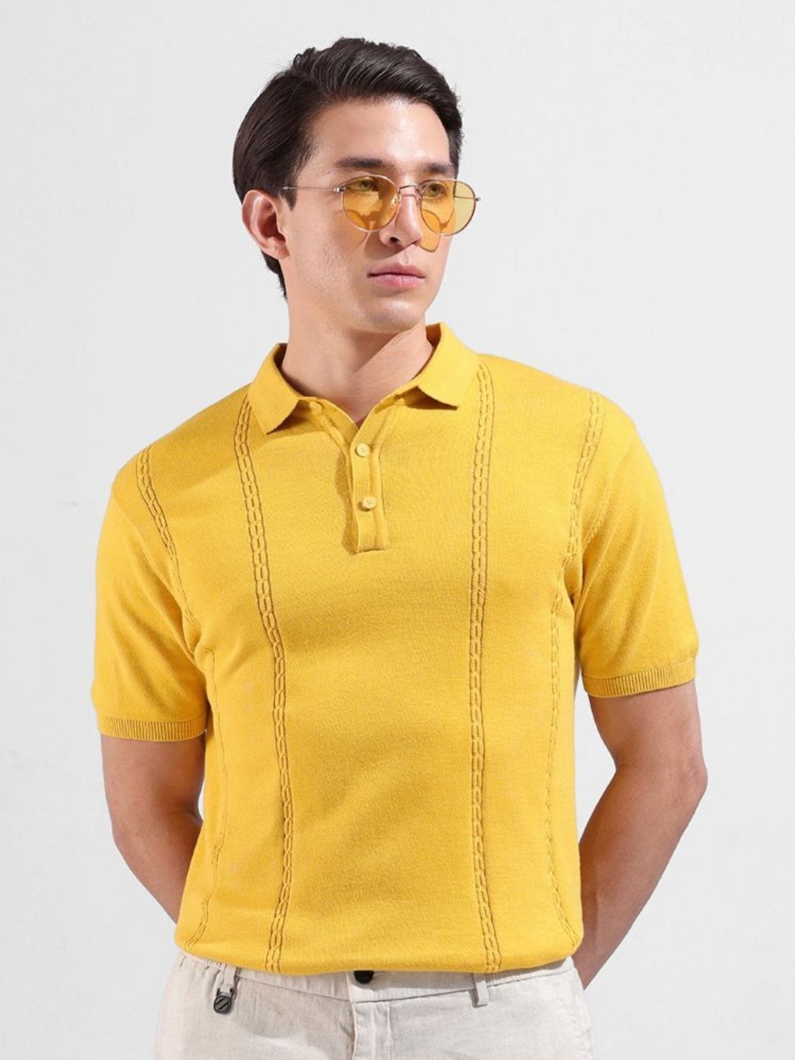 Image of The Indian Garage Co. Self Design Men Polo Neck Yellow T-Shirt