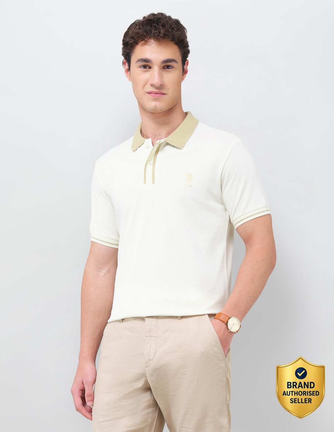 Image of U.S. POLO ASSN. Solid Men Polo Neck White T-Shirt
