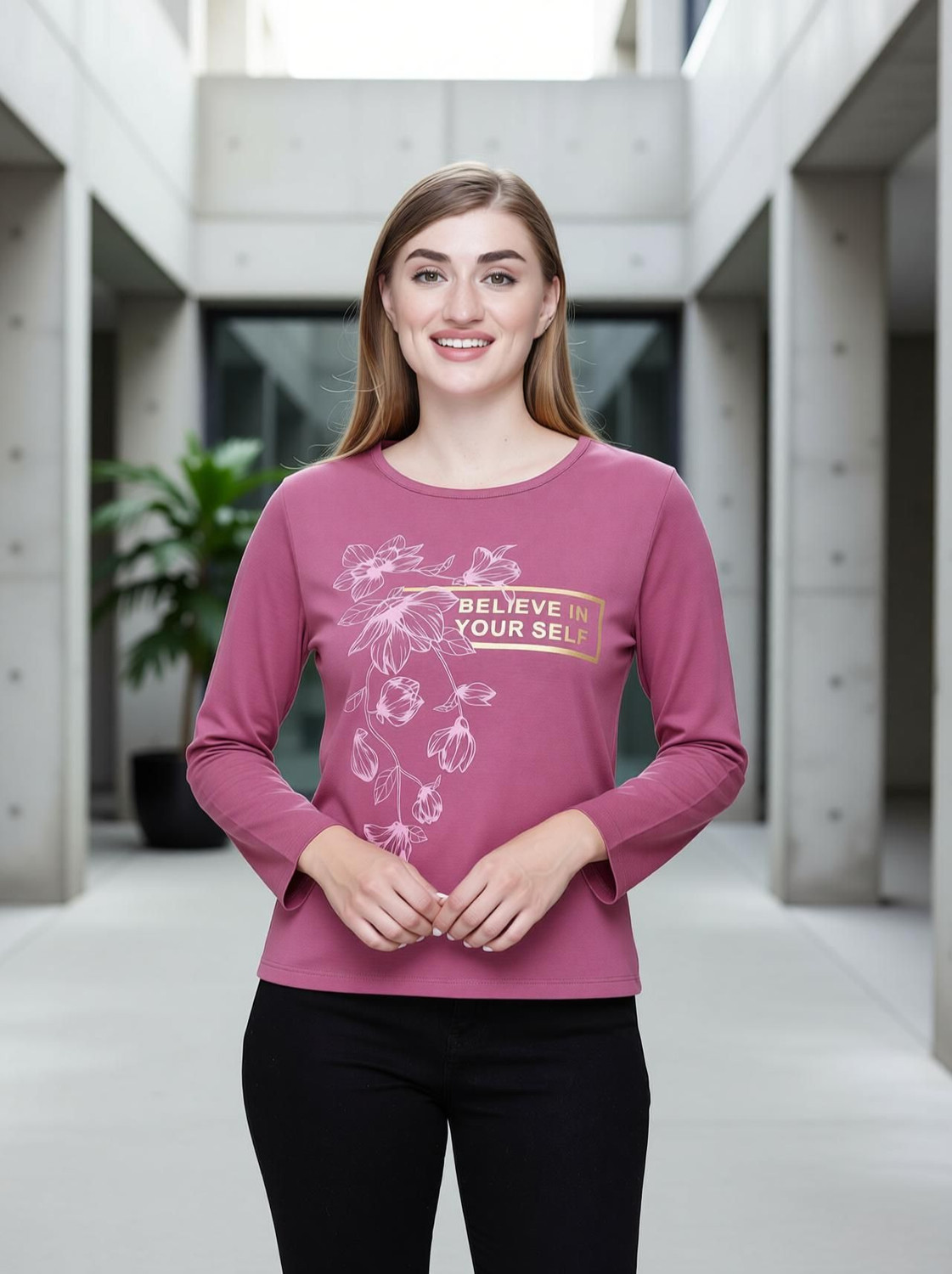 Image of Star Touch Printed Women Round Neck Pink T-Shirt