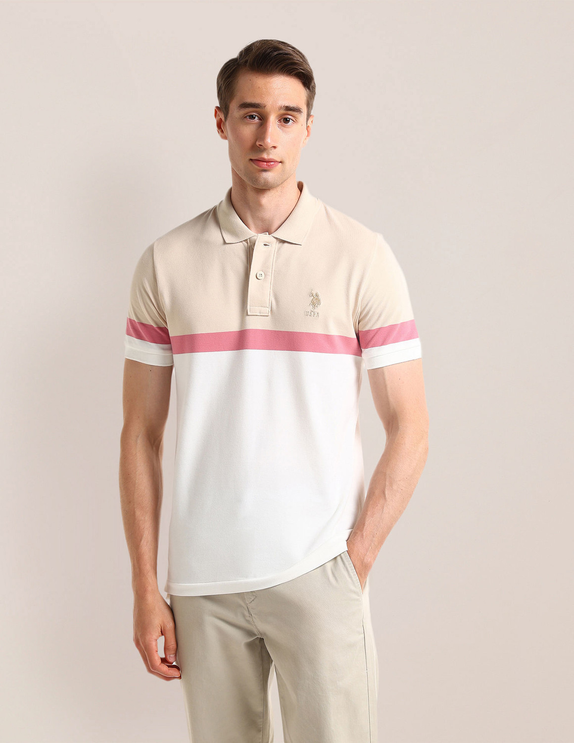 Image of U.S. POLO ASSN. Colorblock Men Polo Neck White T-Shirt