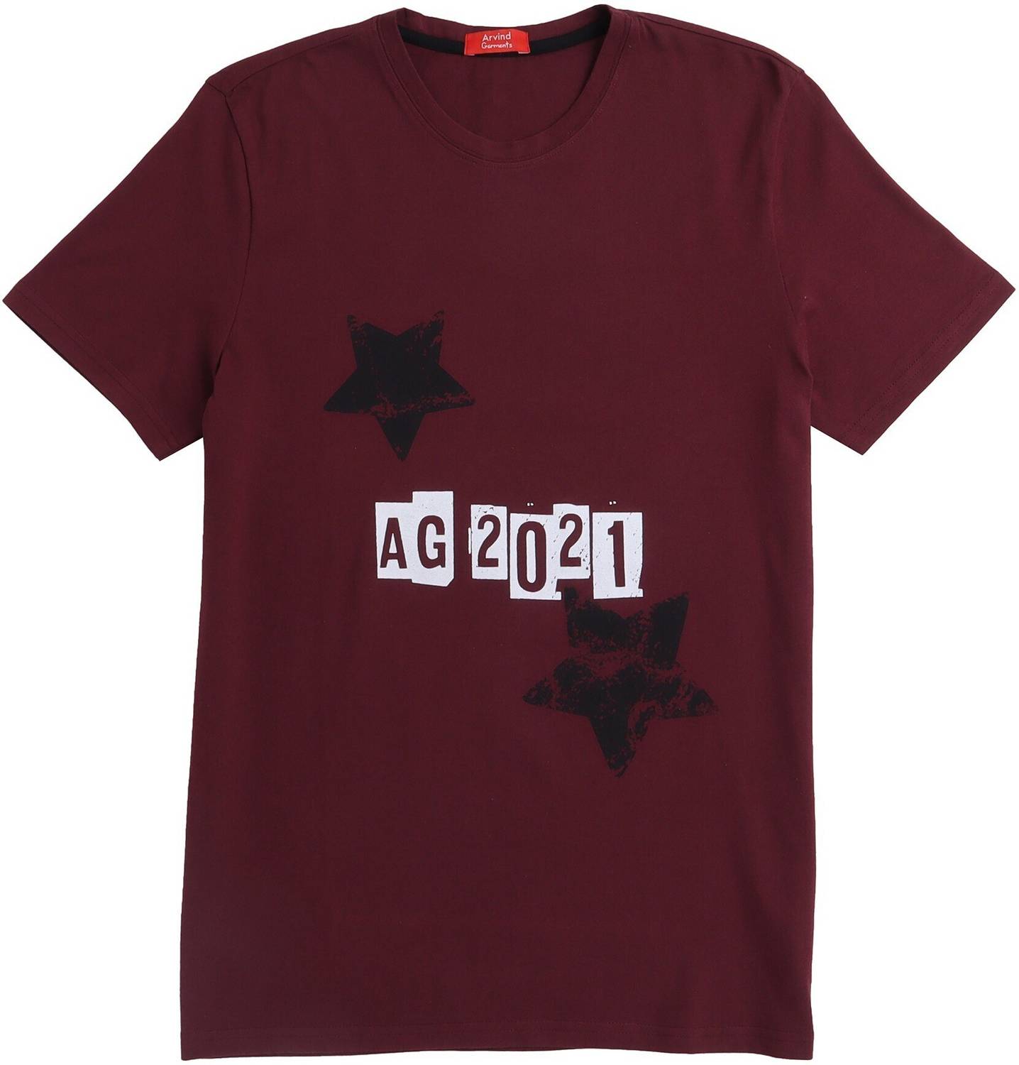 Arvind Garments Printed Men Round Neck Maroon T-Shirt