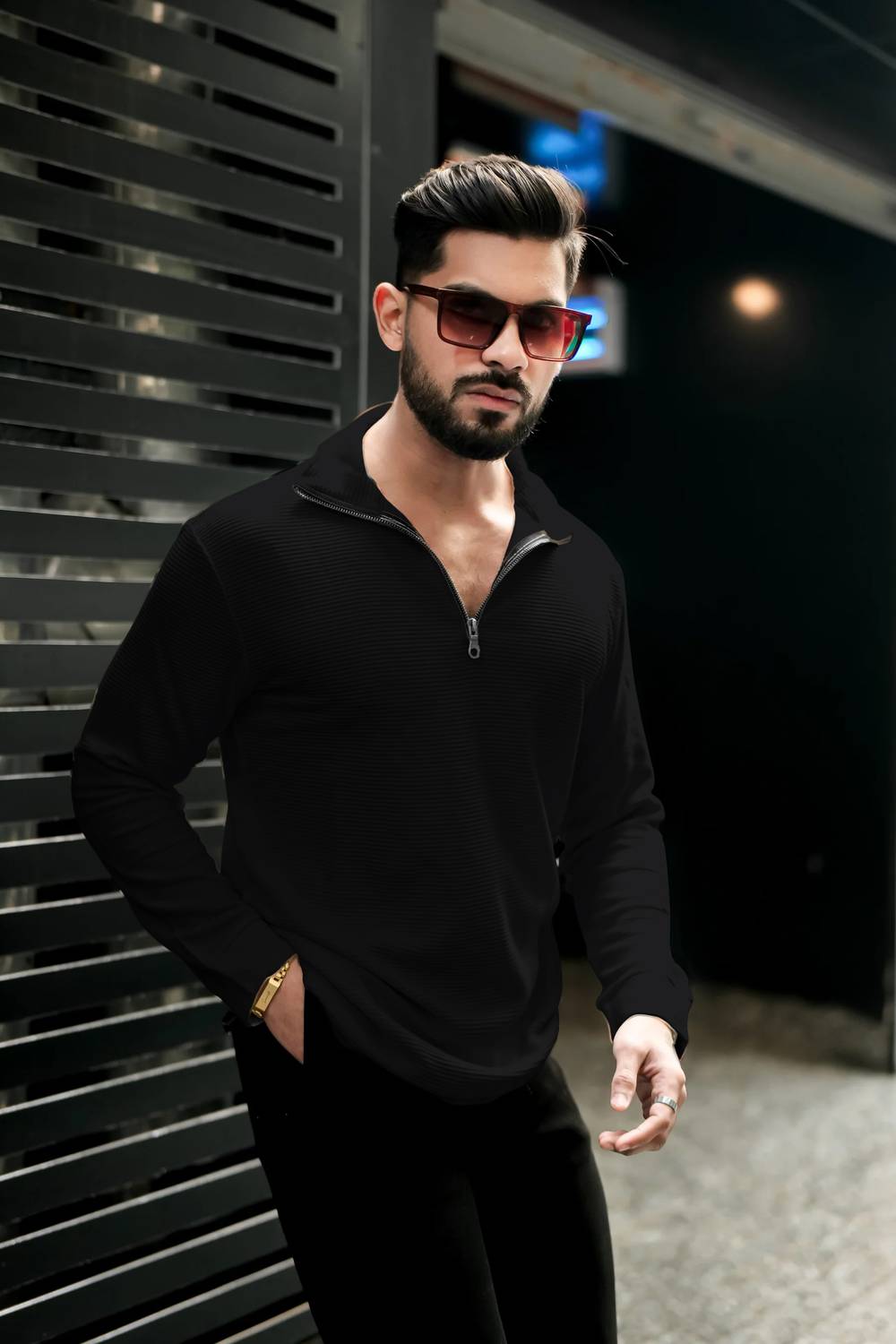 Men Self Design, Solid Polo Neck Cotton Blend Black T-Shirt - Image 3