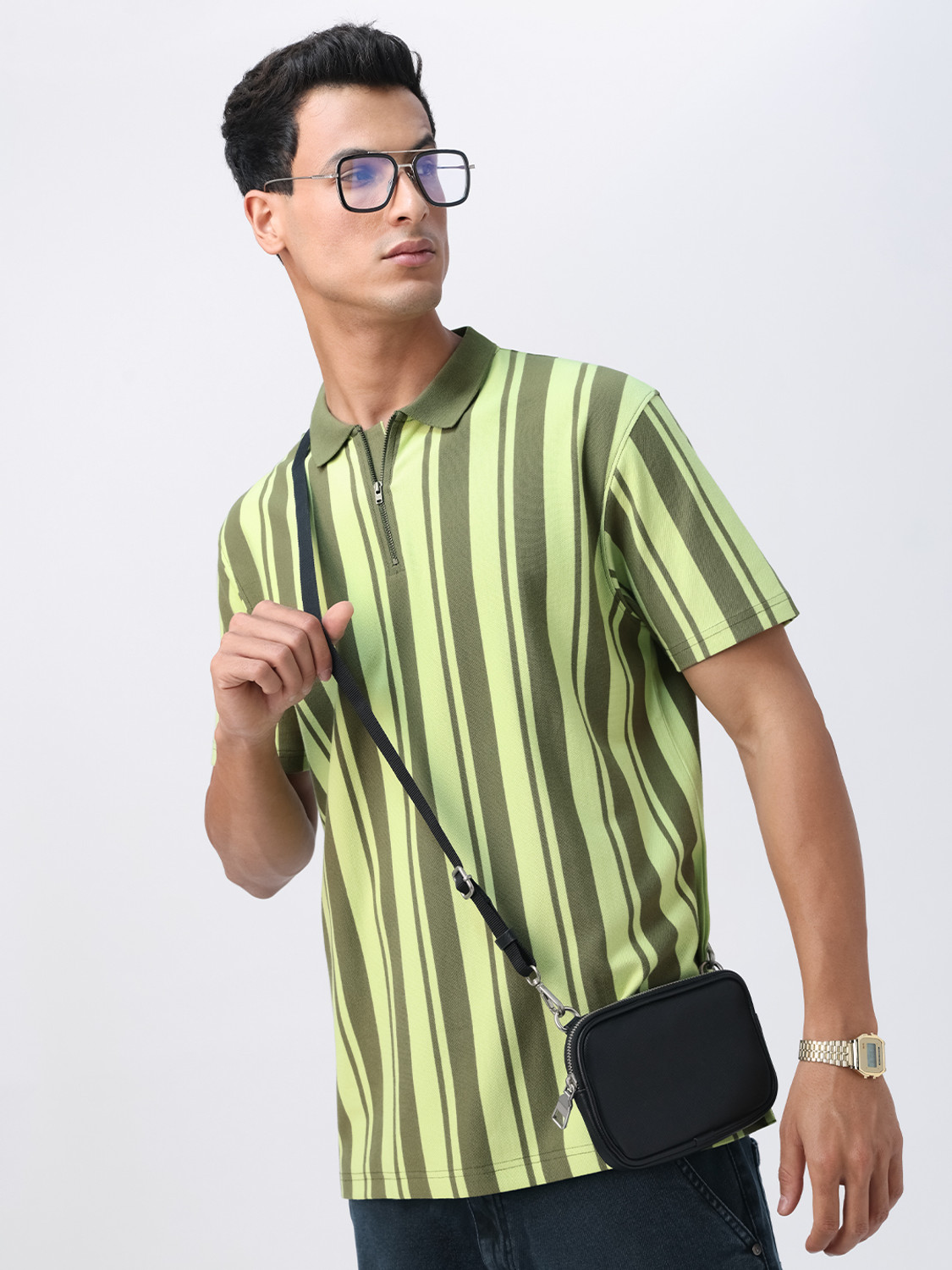 Image of The Souled Store Striped Men Polo Neck Green T-Shirt