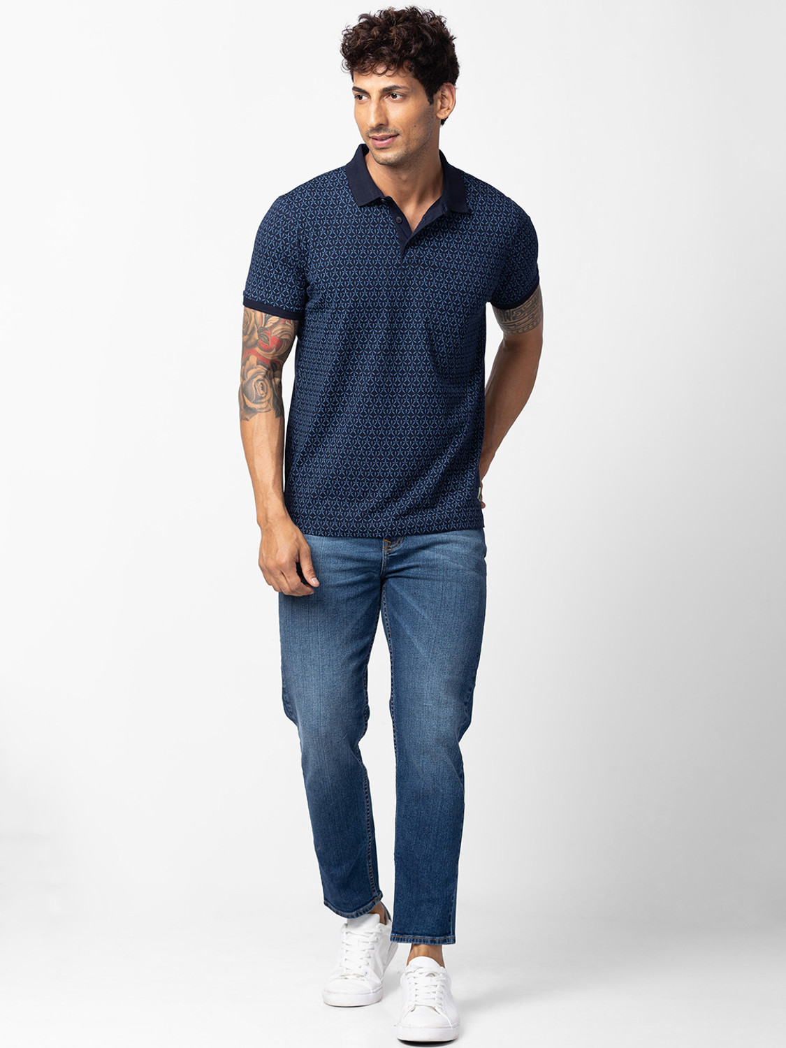 Image of Spykar Printed Men Polo Neck Blue T-Shirt