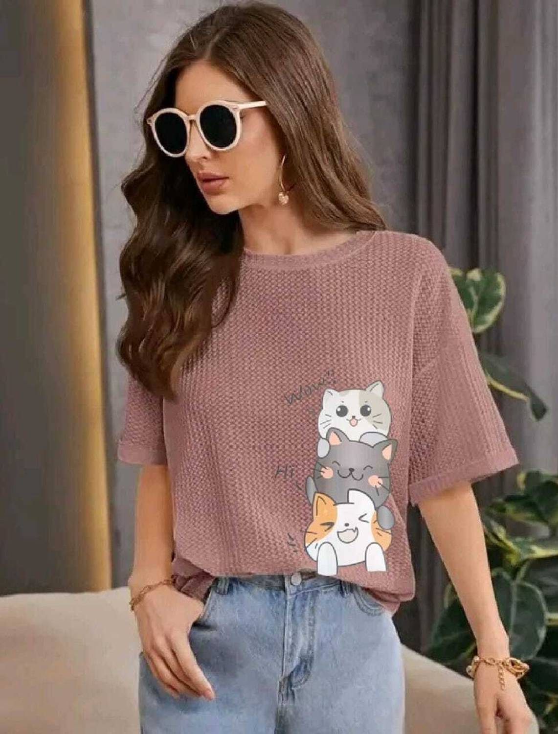 2013 USK COLLECTION Women Self Design Round Neck Cotton Blend Pink T-Shirt