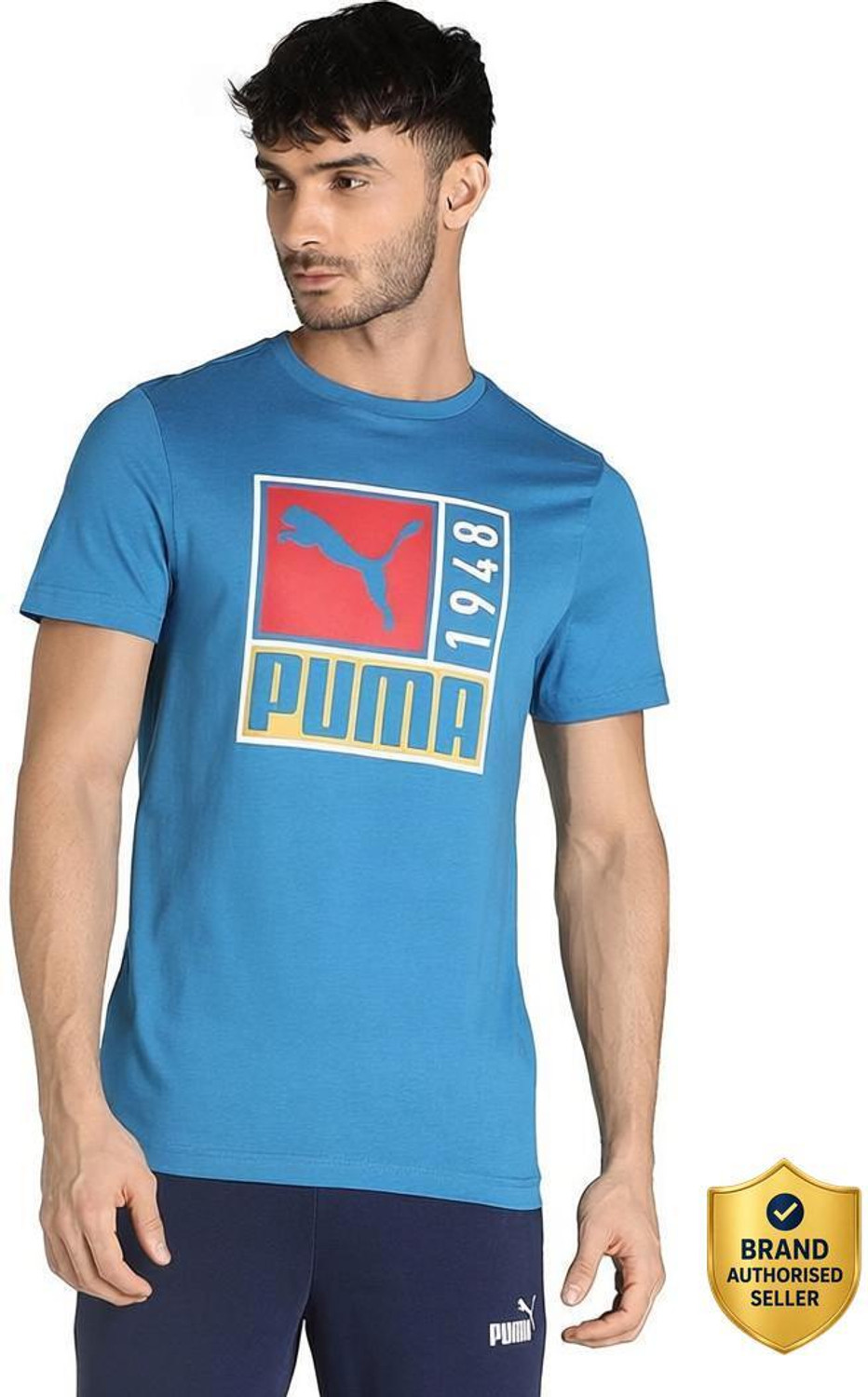 Image of PUMA Typography Men Round Neck Blue T-Shirt