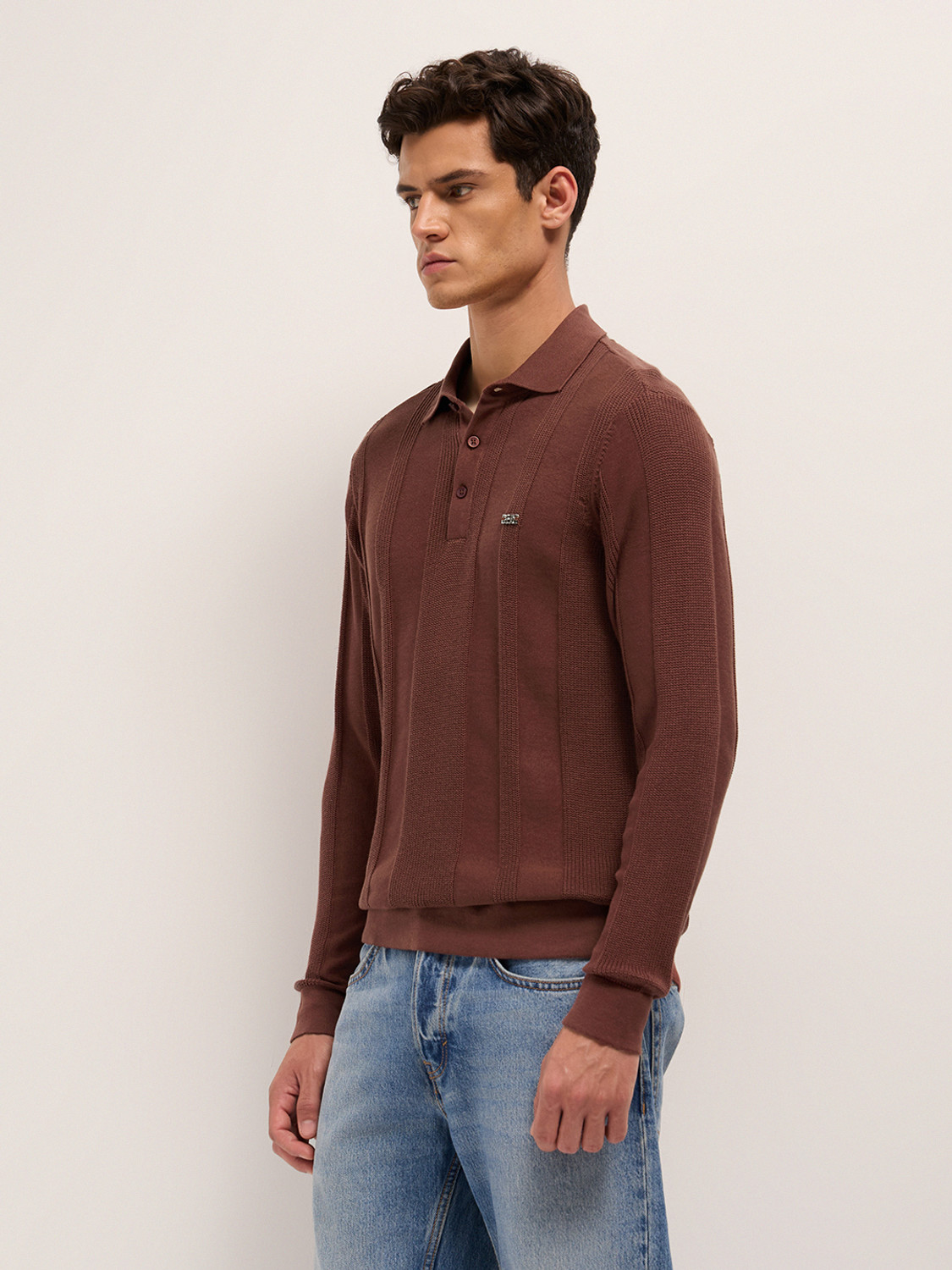 Image of THE BEAR HOUSE Striped Men Polo Neck Brown T-Shirt
