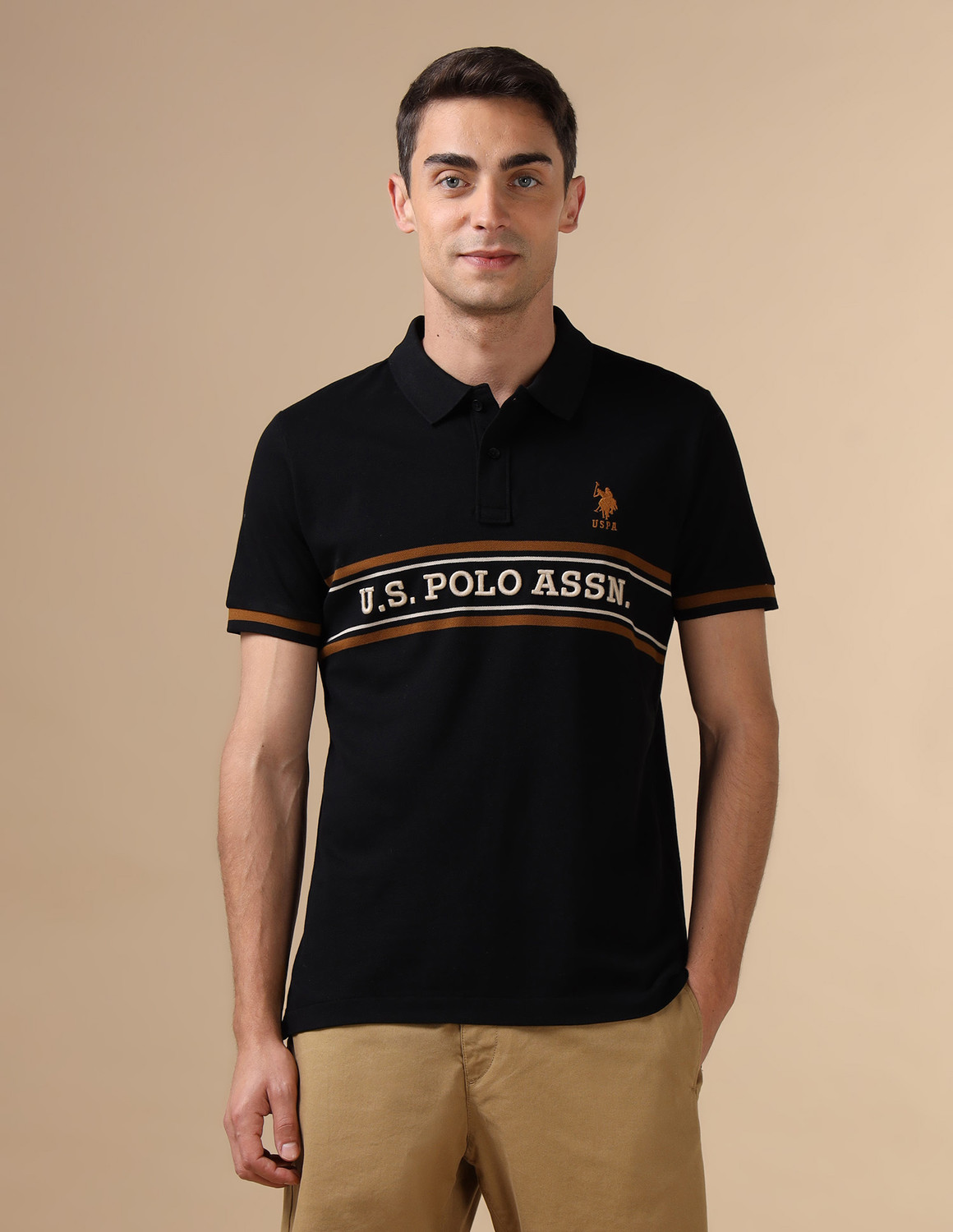 Image of U.S. POLO ASSN. Graphic Print Men Polo Neck Black T-Shirt