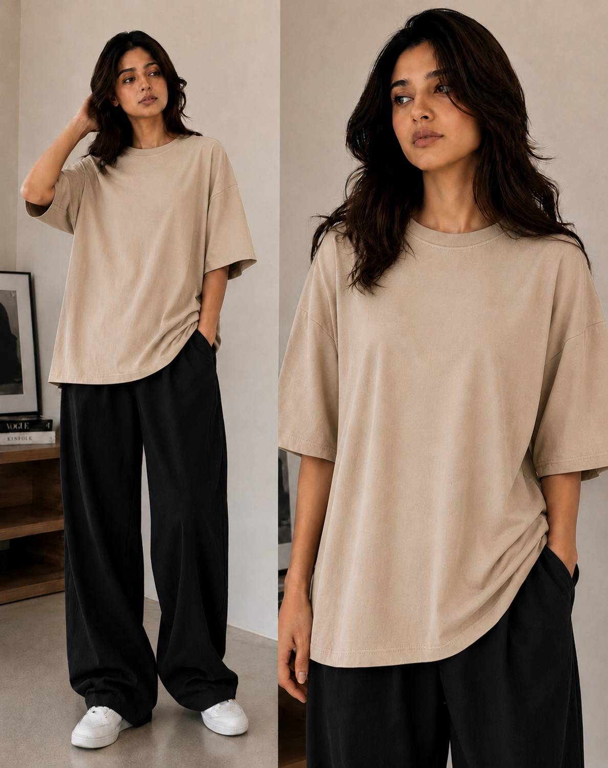 Aureno furrnzo Solid Women Round Neck Beige T-Shirt