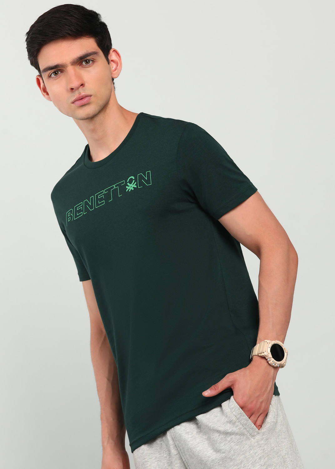 Image of United Colors of Benetton Typography Men Round Neck Dark Green T-Shirt
