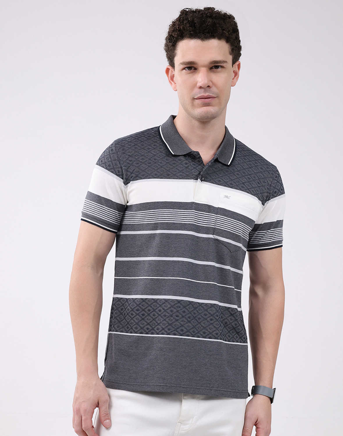 Image of MONTE CARLO Striped Men Polo Neck Grey T-Shirt