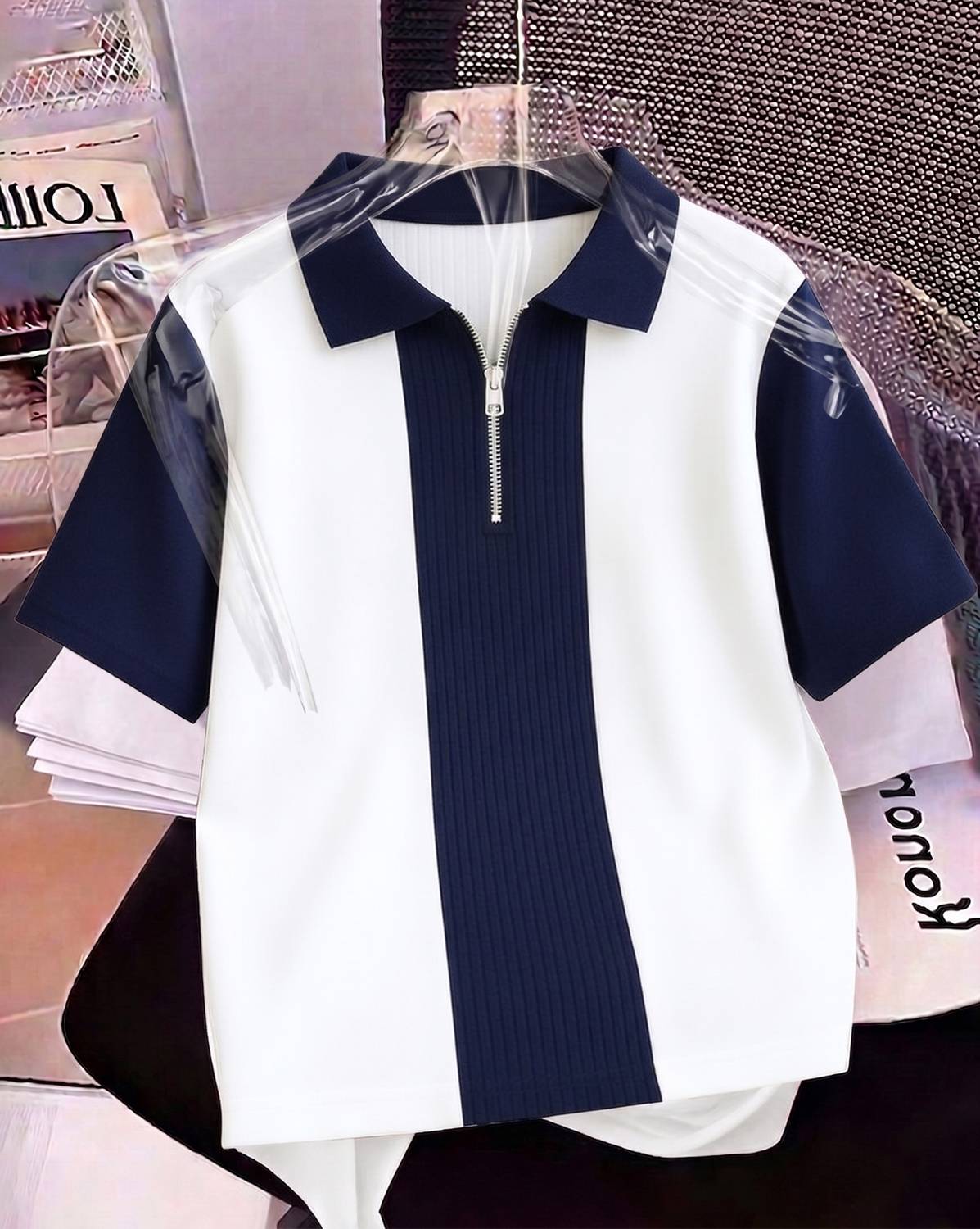 ENITOR Colorblock Men Zip Neck White, Blue T-Shirt
