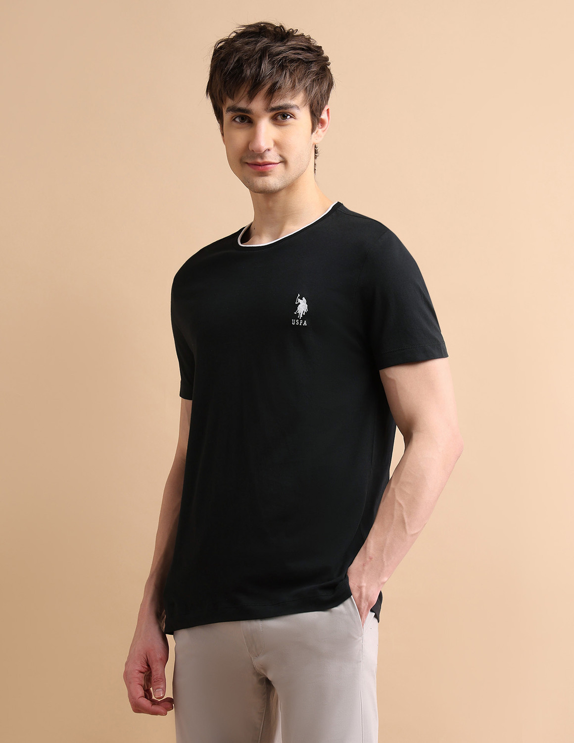 Image of U.S. Polo Assn. Denim Co. Men Solid Round Neck Cotton Blend Black T-Shirt