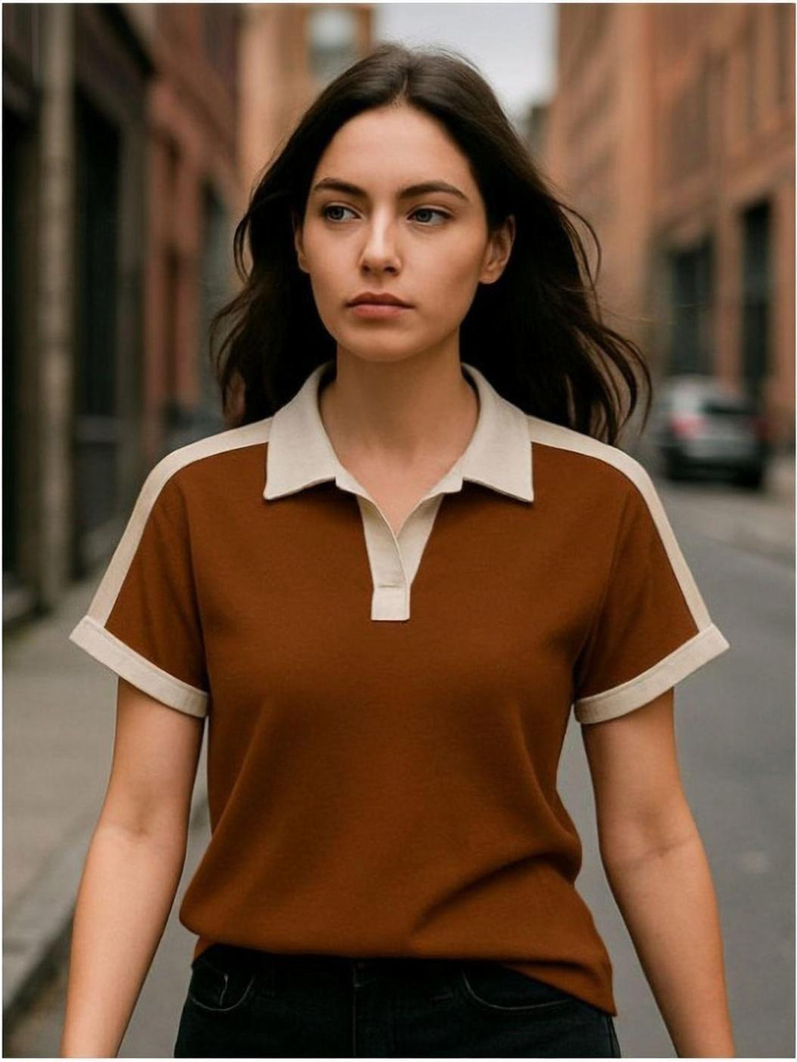 Image of ytrick Women Colorblock, Solid Polo Neck Cotton Blend Brown T-Shirt
