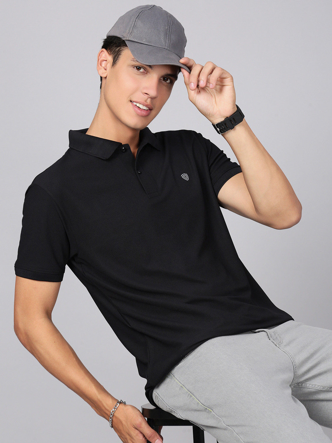 Image of LUX cozi Solid Men Polo Neck Black, Dark Blue T-Shirt
