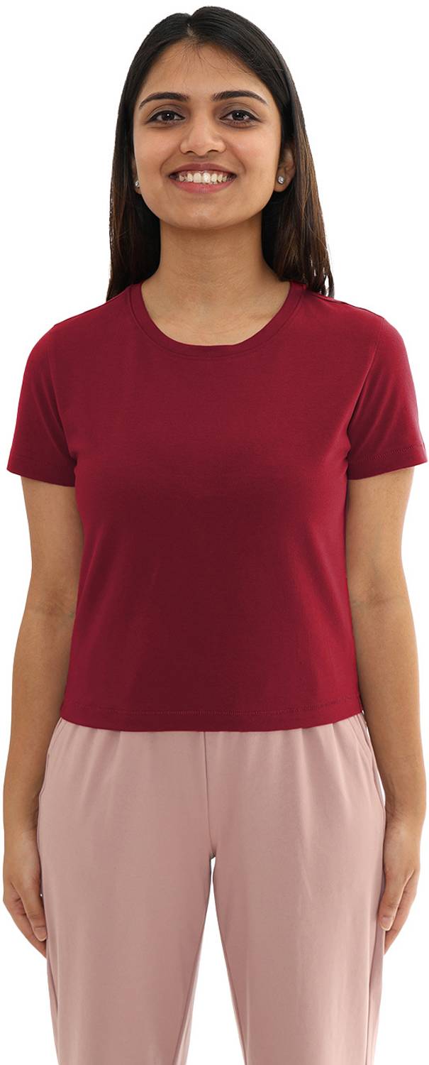 BlissClub Solid Women Round Neck Brown T-Shirt