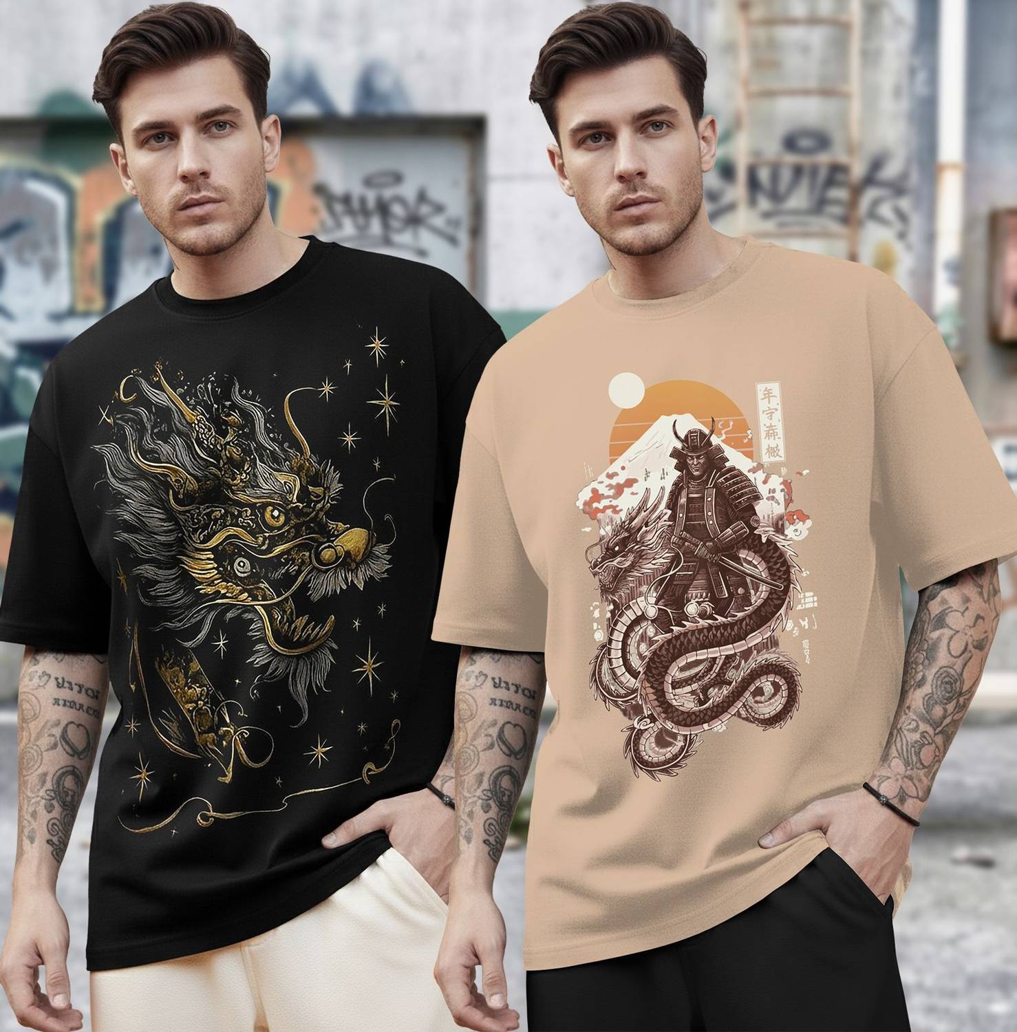 TRIPR Pack of 2 Men Graphic Print Round Neck Cotton Blend Black,