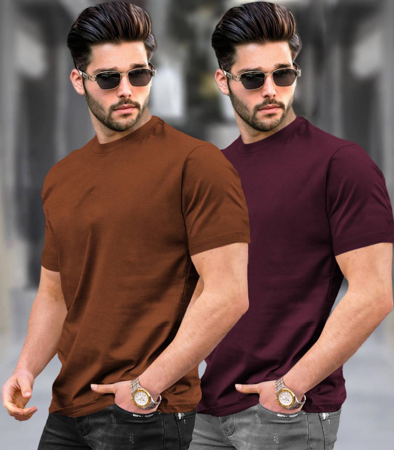 TRIPR Pack of 2 Men Solid Round Neck Cotton Blend Multicolor T-Sh