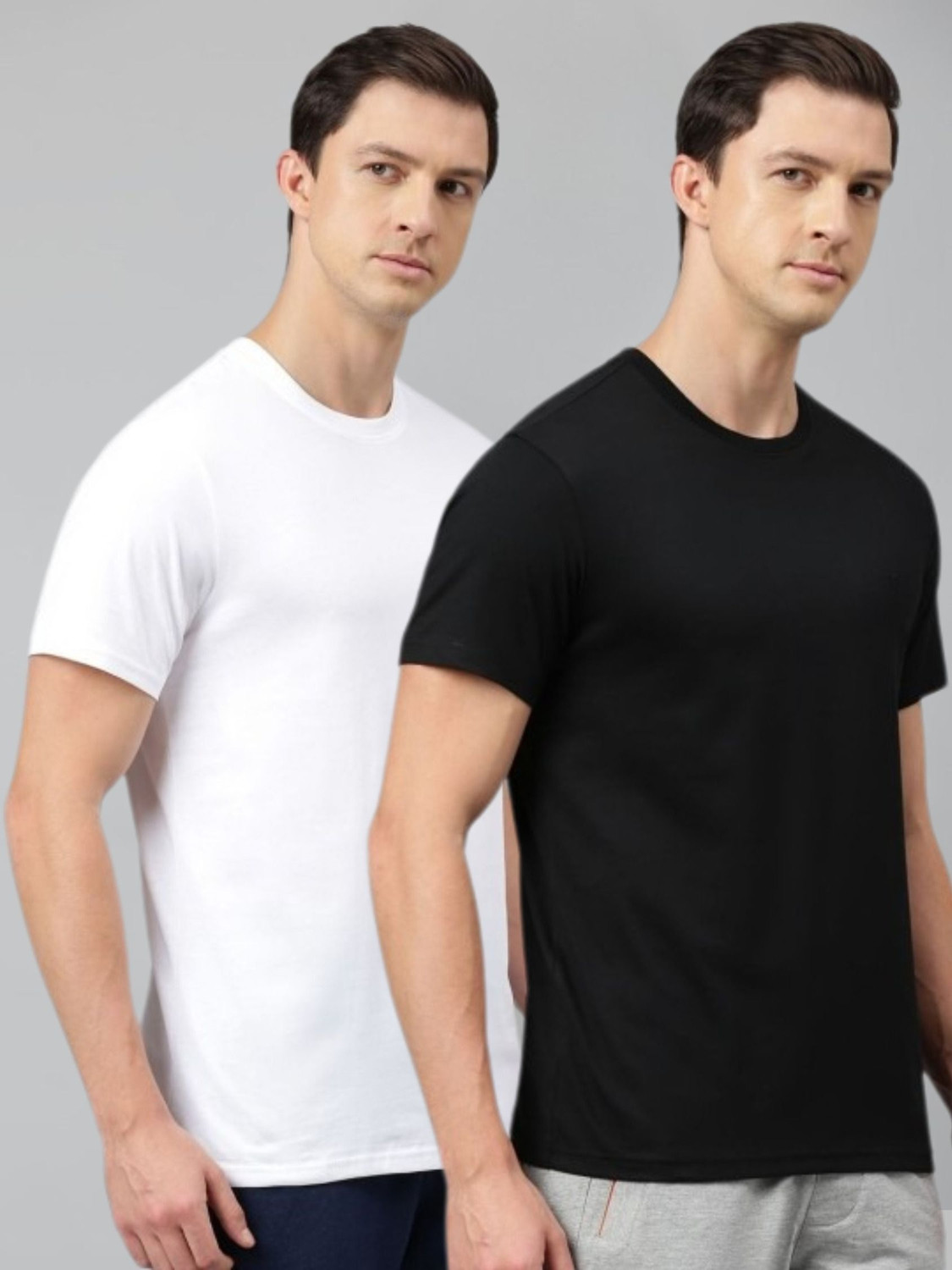 Image of DAISY Solid Men Round Neck White, Black T-Shirt