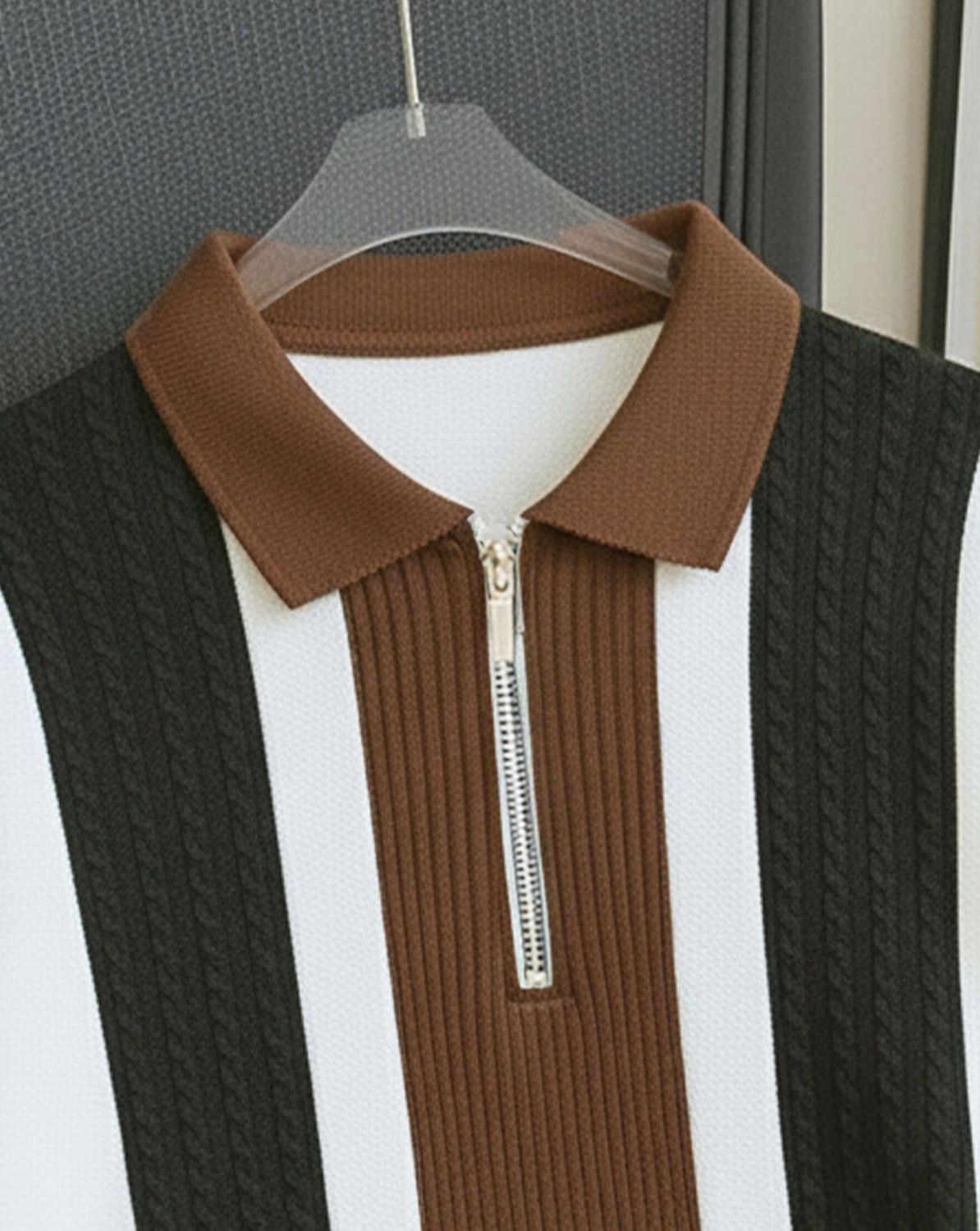 Image of AUSK Colorblock Men Zip Neck Beige, White T-Shirt