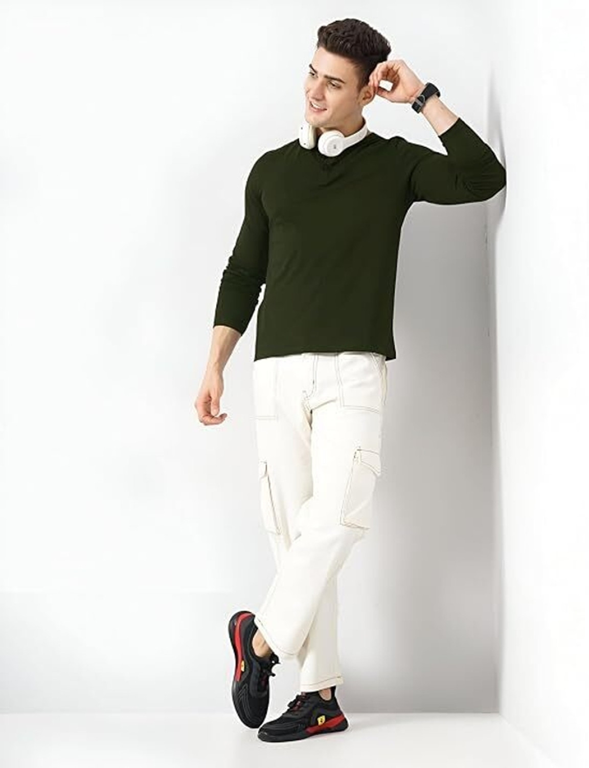 Image of LazyChunks Solid Men Henley Neck Dark Green T-Shirt