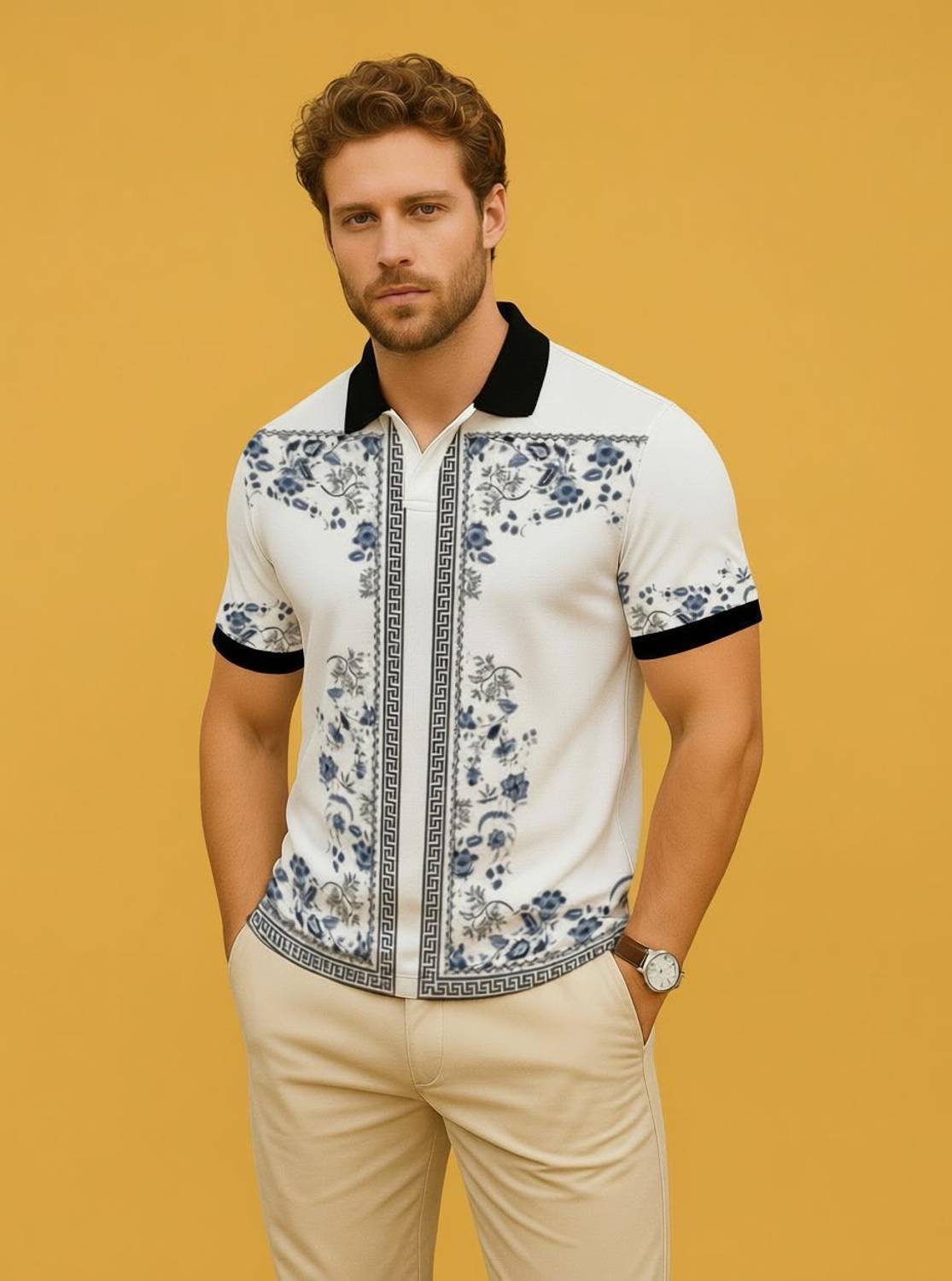 PlayfullVibes Printed Men Polo Neck White T-Shirt