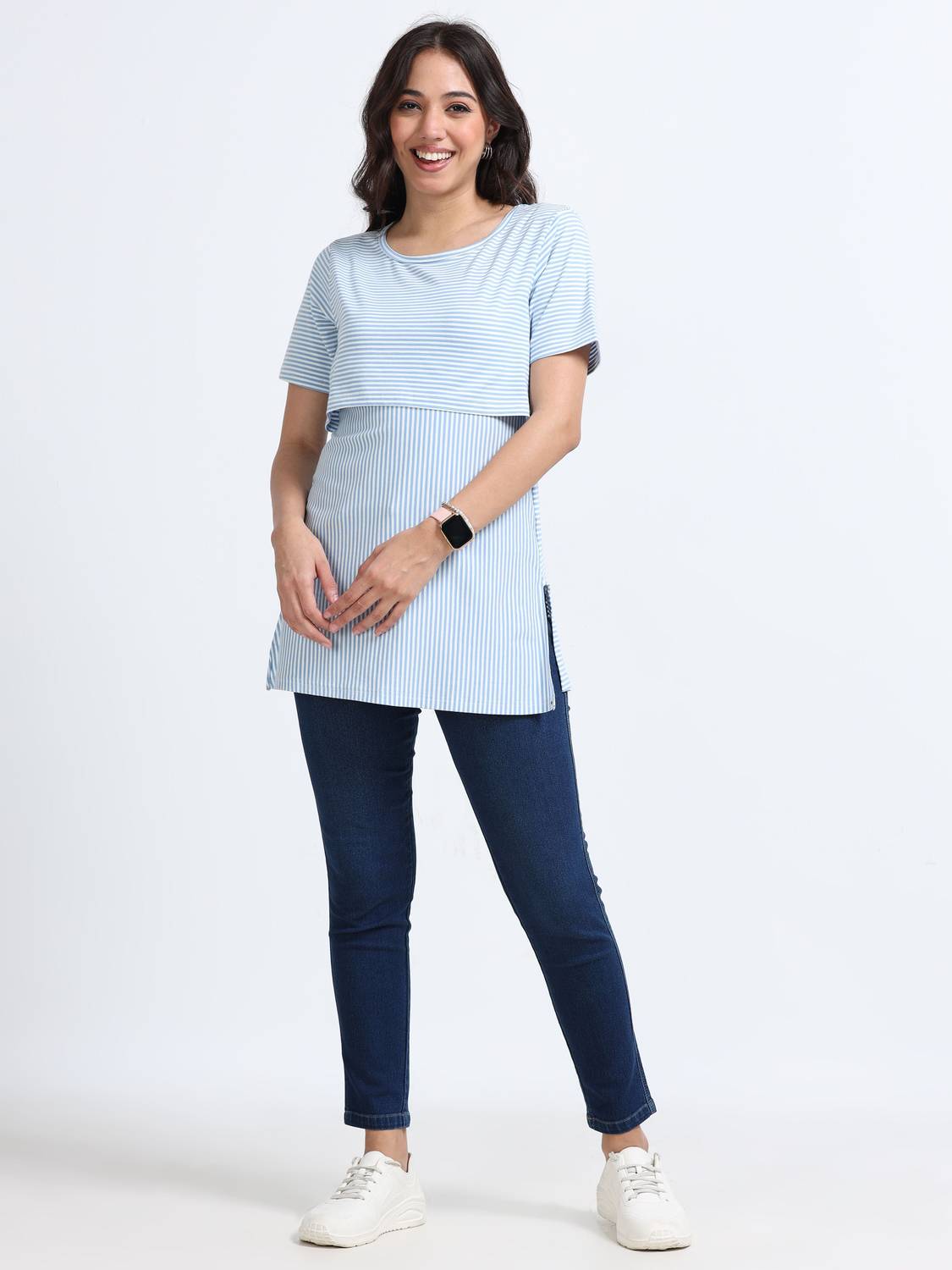 Ajju's Striped Women Round Neck Light Blue T-Shirt