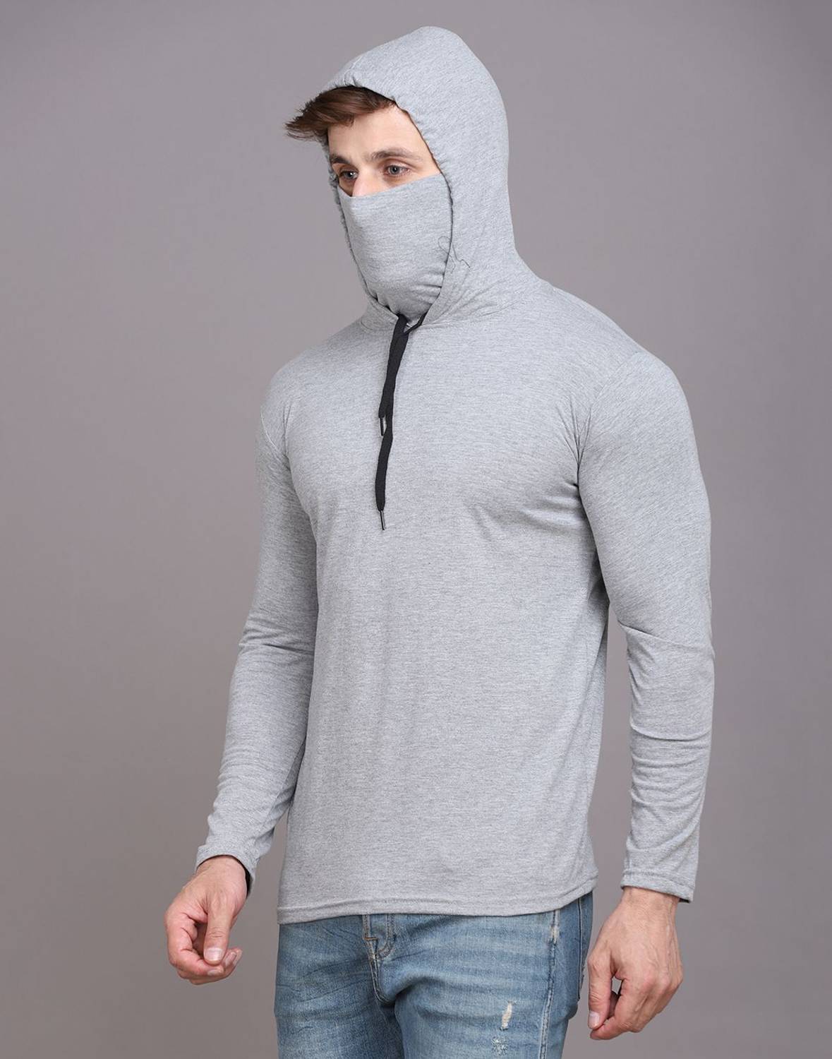 Teacherfab Solid Men Hooded Neck Silver T-Shirt