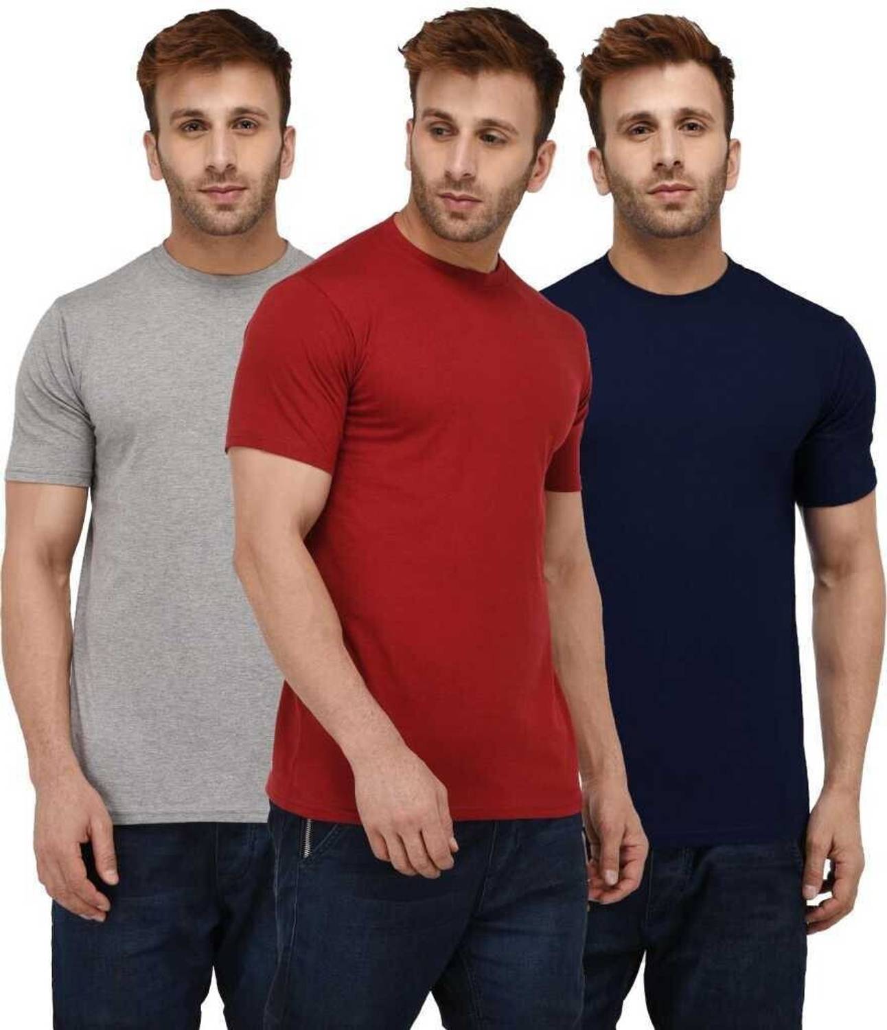 INKKR Pack of 3 Men Solid Round Neck Cotton Blend Multicolor T-Sh