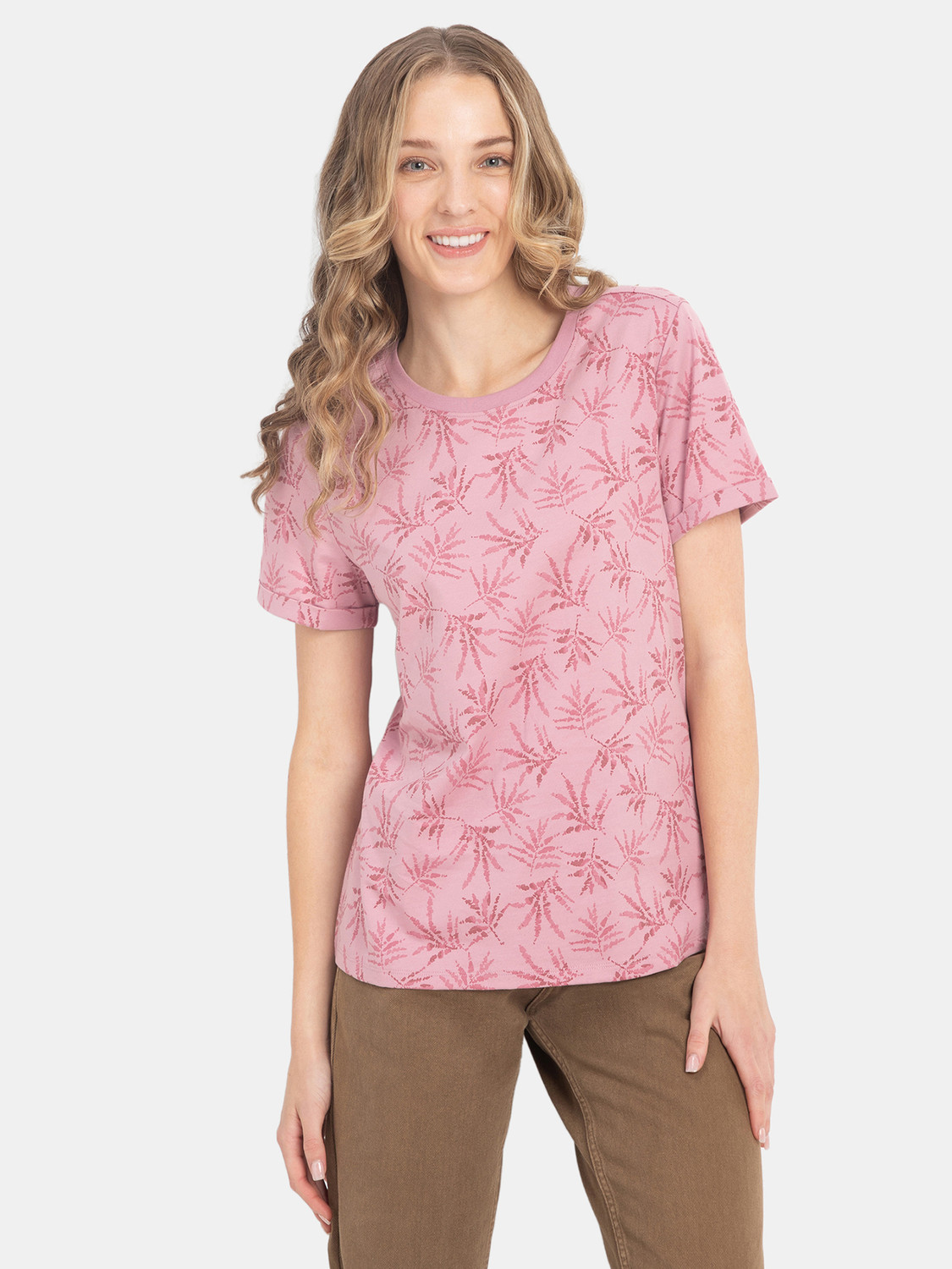 Image of JOCKEY Printed Women Round Neck Pink T-Shirt