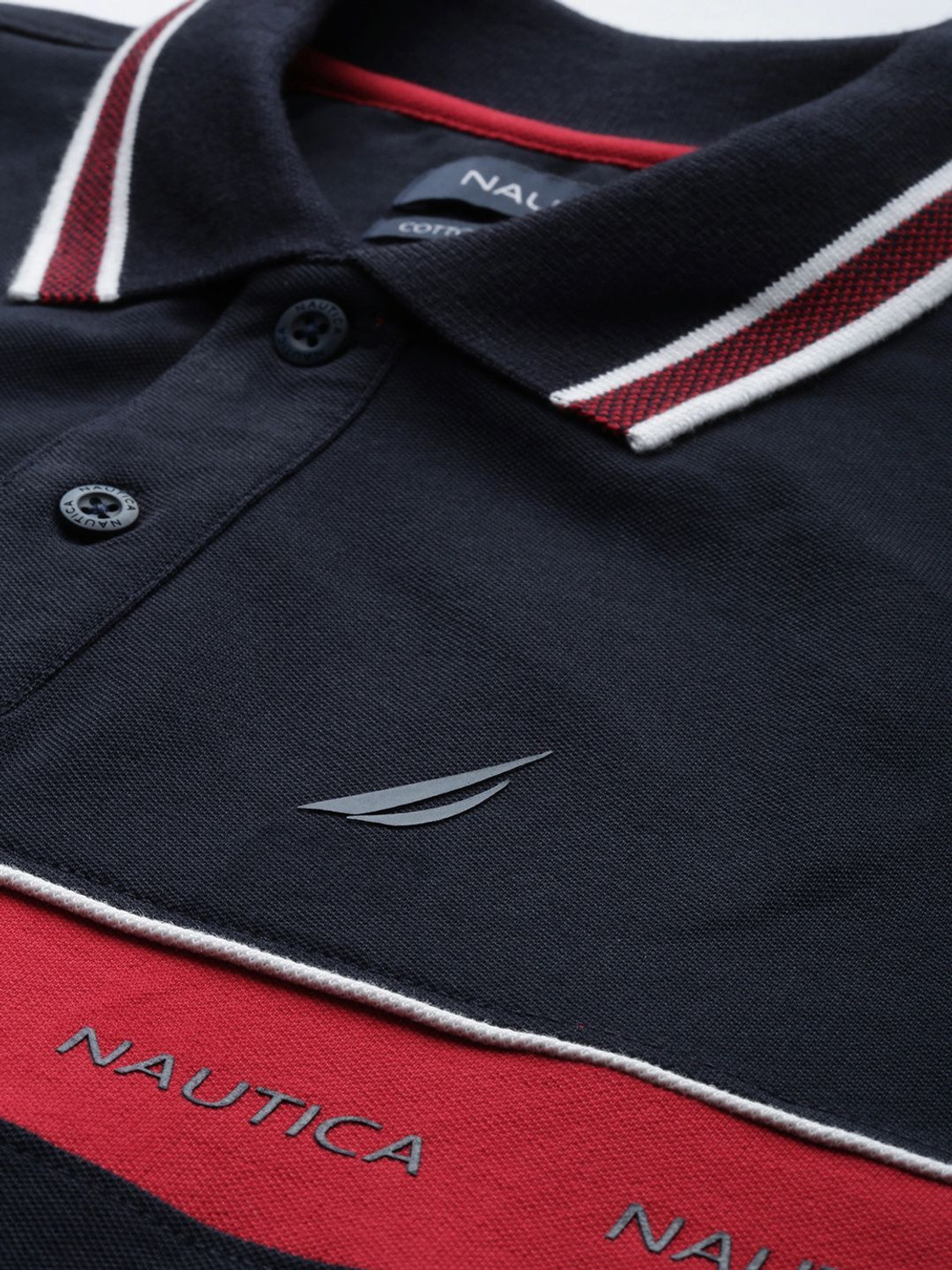 Image of NAUTICA Striped Men Polo Neck Blue T-Shirt