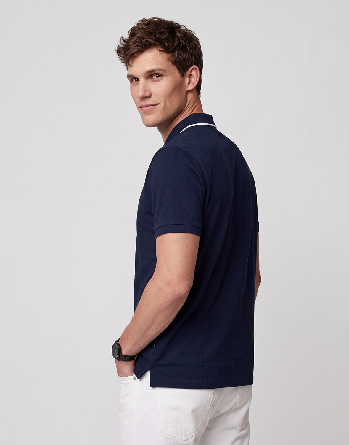 Image of Allen Solly Men Solid Polo Neck Cotton Blend Blue T-Shirt