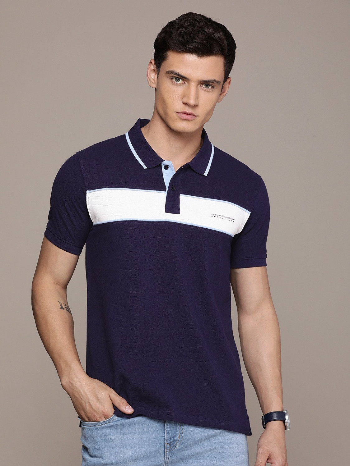Image of French Connection Colorblock Men Polo Neck Navy Blue T-Shirt
