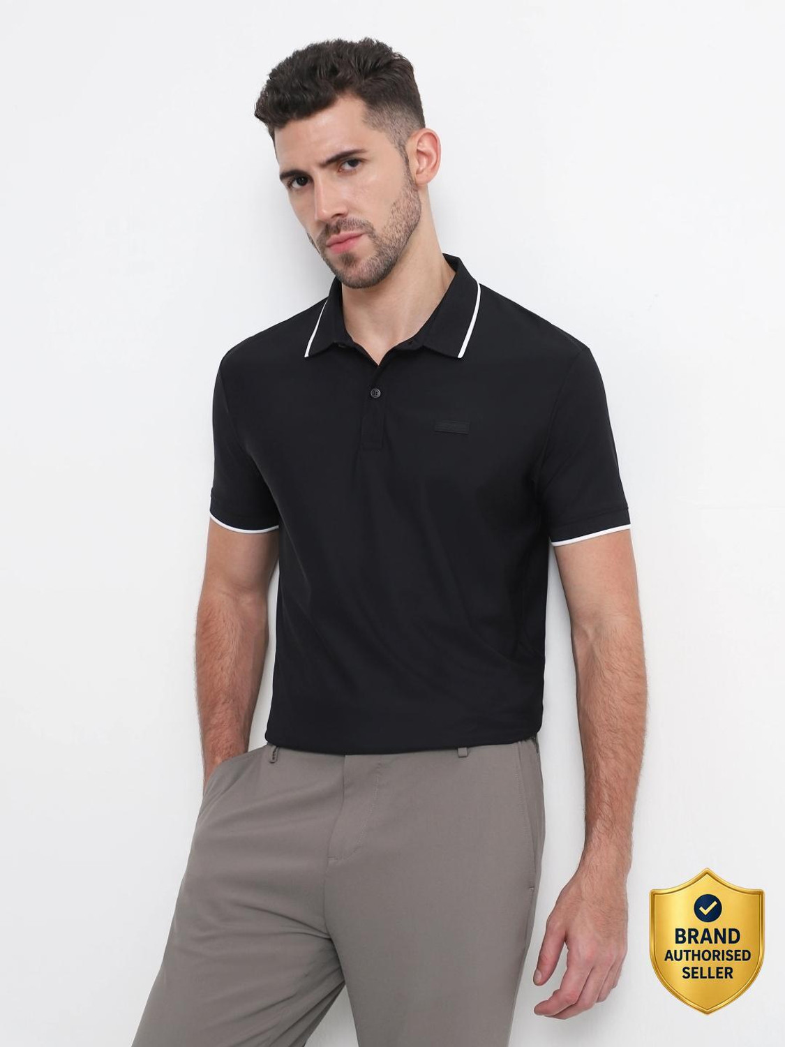 Image of MUFTI Self Design Men Polo Neck Black T-Shirt