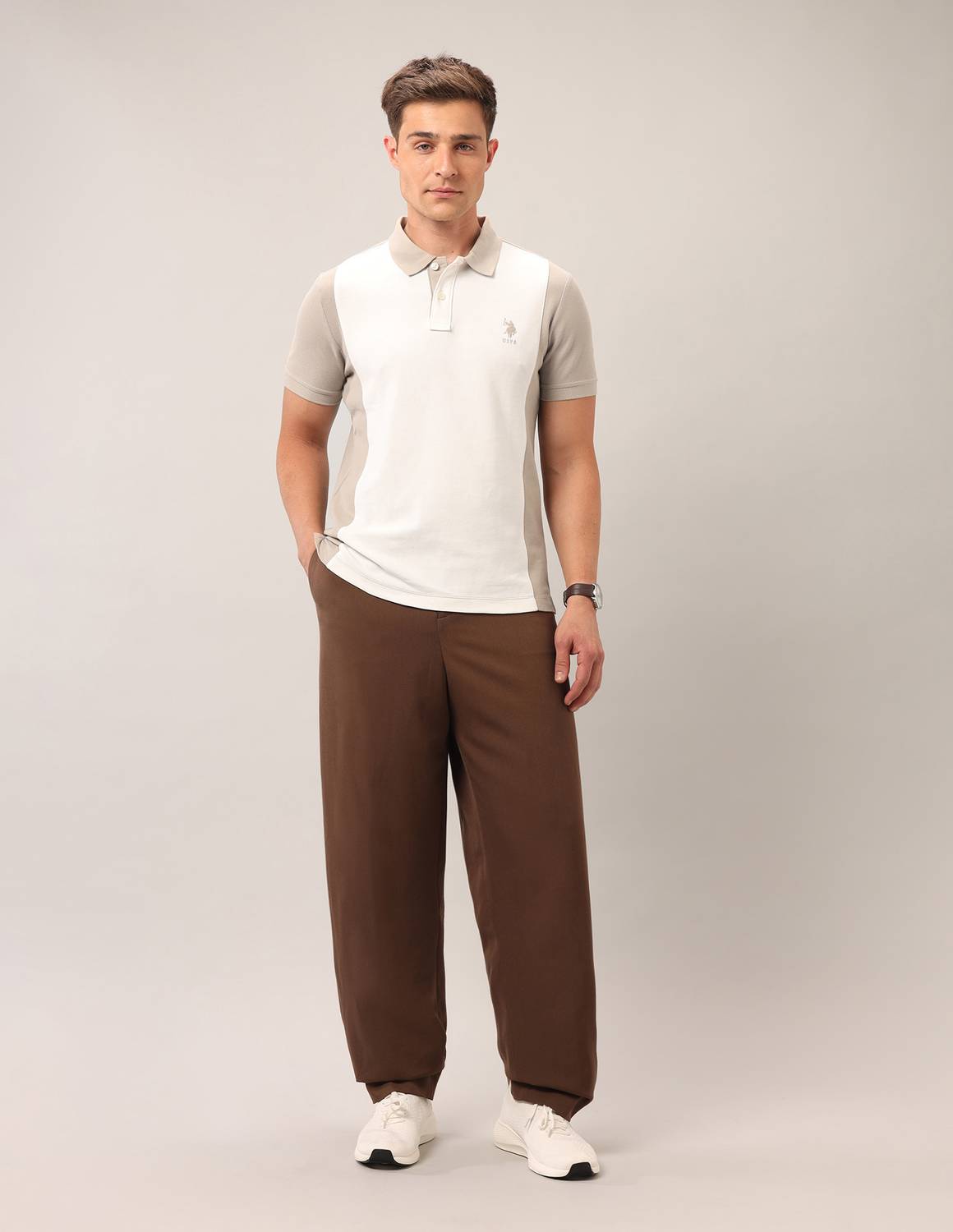 U.S. POLO ASSN. Men Colorblock Polo Neck Pure Cotton Beige T-Shirt - Image 4